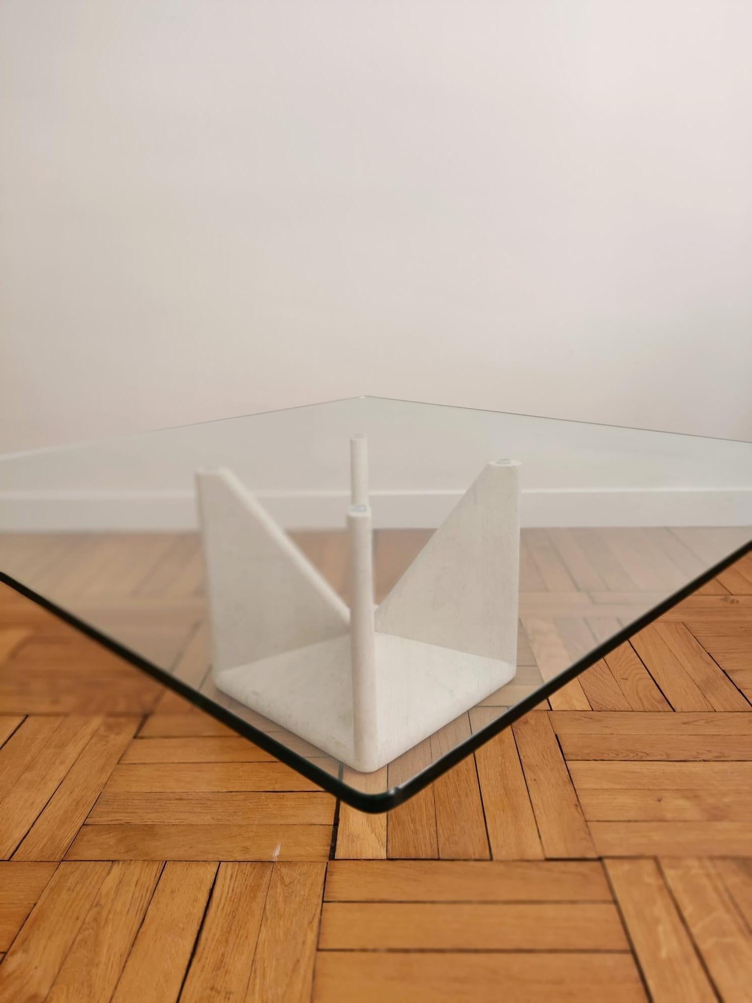 20th Century Sculpturale travertine & glass coffee table - Claude Berradacci For Sale