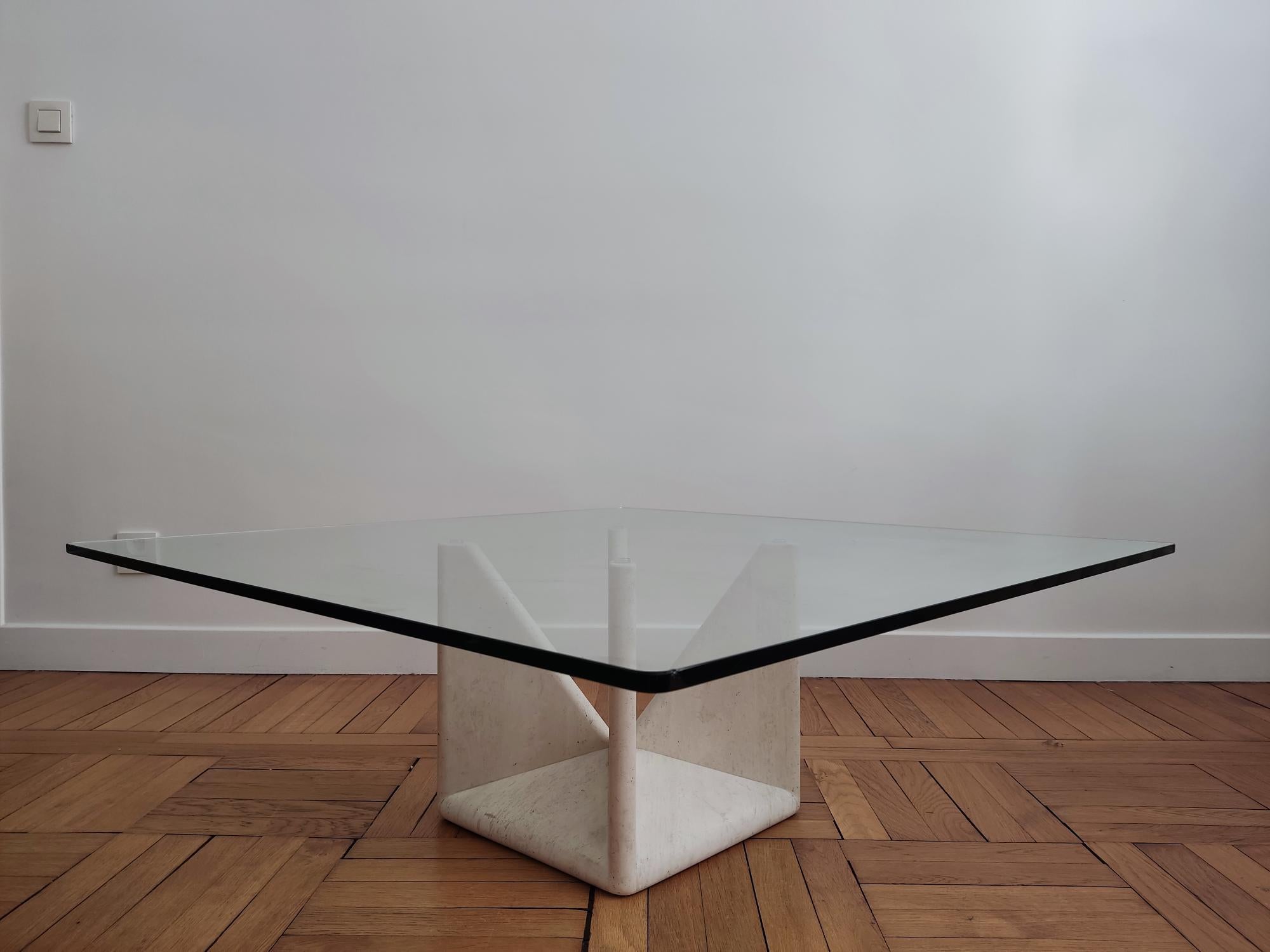 Sculpturale travertine & glass coffee table - Claude Berradacci For Sale 1