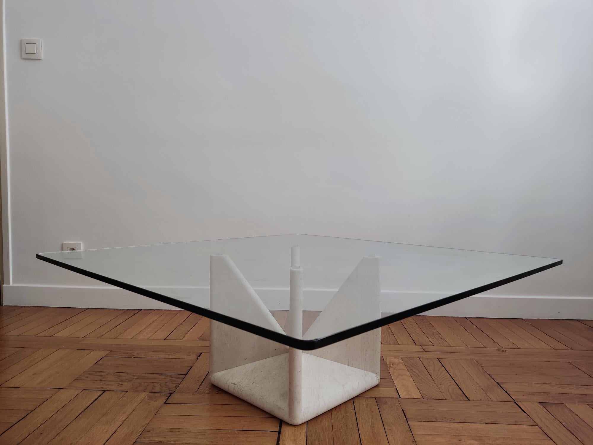 Sculpturale travertine & glass coffee table - Claude Berradacci For Sale 2