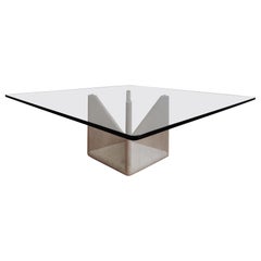 Sculpturale travertine & glass coffee table - Claude Berradacci