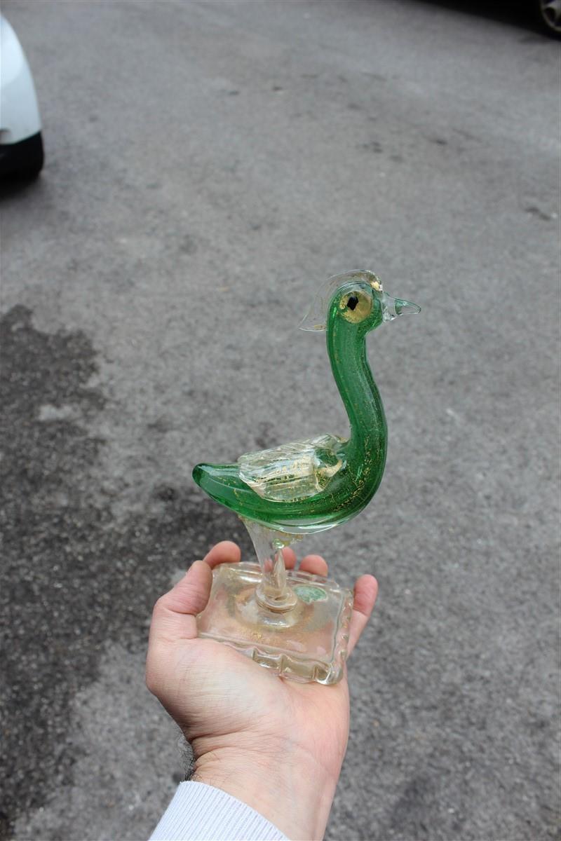 Mid-20th Century Sculpture Bird Archimede Seguso Green and Gold Dust 1940 Original Label For Sale