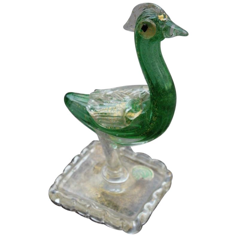 Sculpture Bird Archimede Seguso Green and Gold Dust 1940 Original Label For Sale