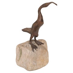 Sculpture Oiseau sauvage Wading Curlew en bronze Pierre rocheuse de 20 cm de haut 