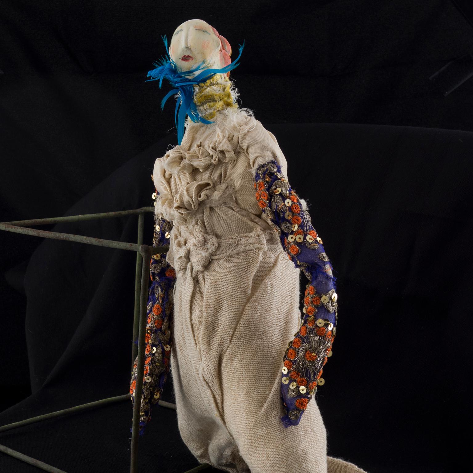 This is a mixed-media art doll, used materials are clay, vintage fabrics, silk, wool, acrylic paint, love.
This sculpture can stand somewhere safely, away from direct lighting and any source of heat or water, this is not a toy, it's a special