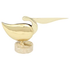 Vintage Sculpture, Brass Pelican with Marble Base, circa 1950, in Stock