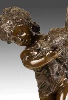 Escultura Bronce, "Niña con pato". Después de Auguste Moreau, siglo XX