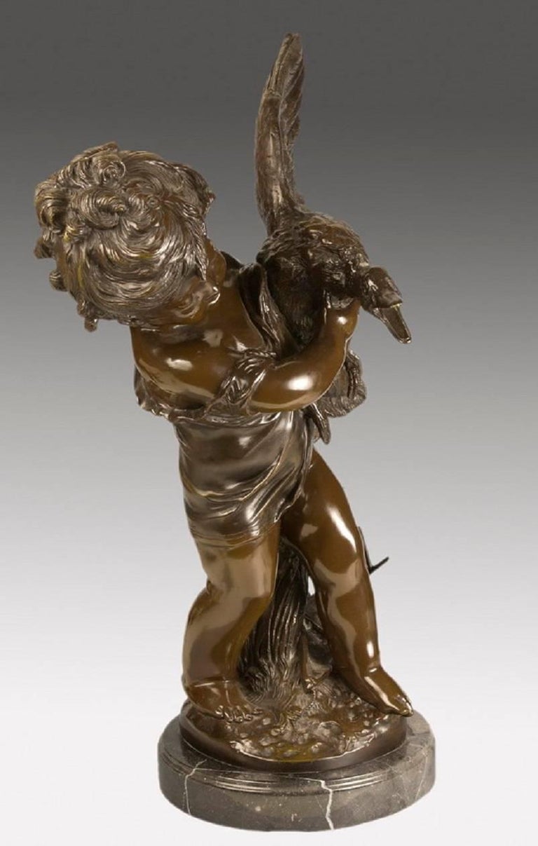 Sculpture Bronze, "Girl with Duck". After Auguste Moreau, 20th Century