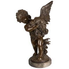 Scultura in bronzo, "Ragazza con anatra". Dopo Augustuste Moreau, 20° secolo