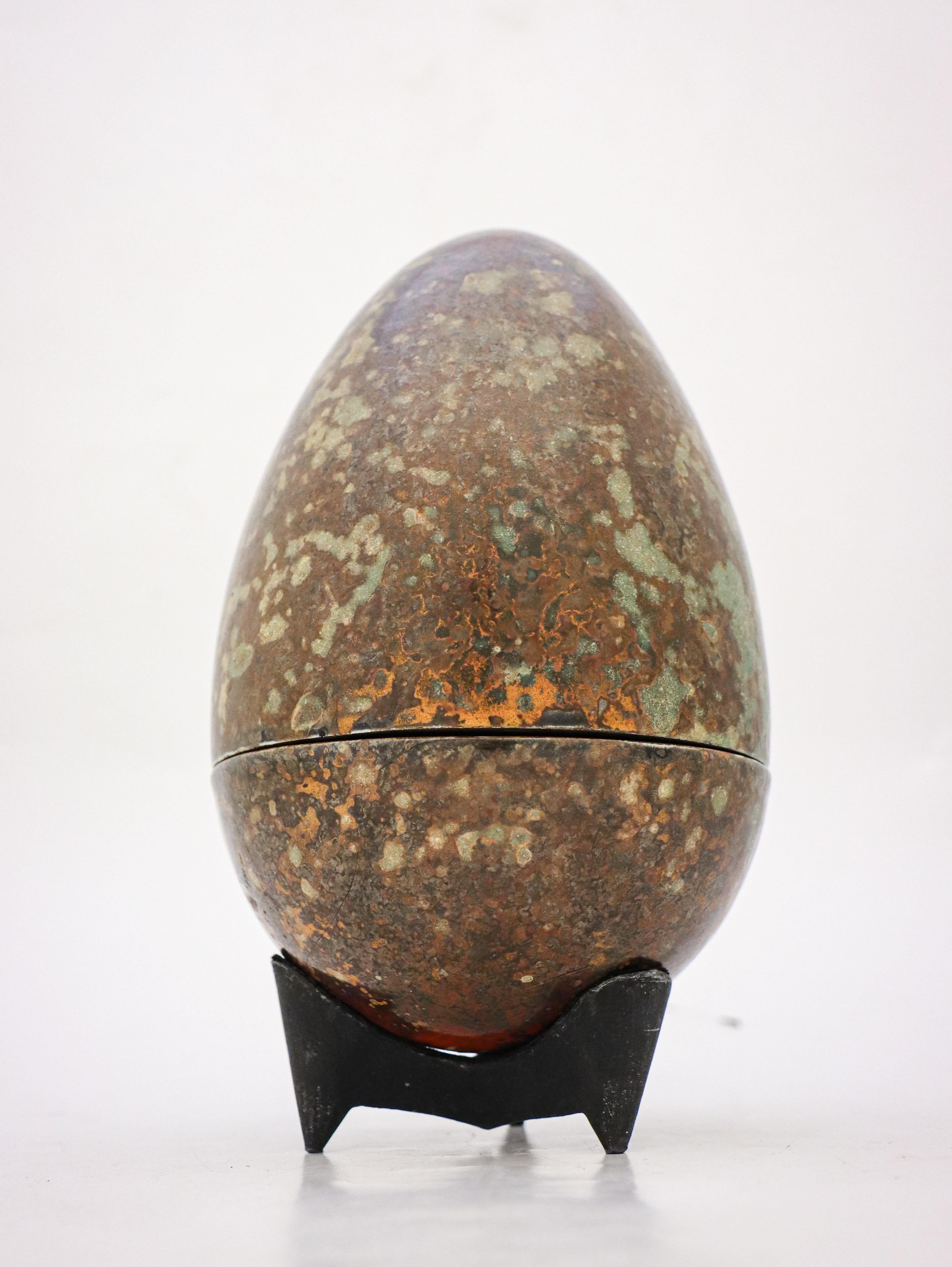 French Sculpture Brown & Green Speckled Egg in Ceramics by Hans Hedberg, Biot, France