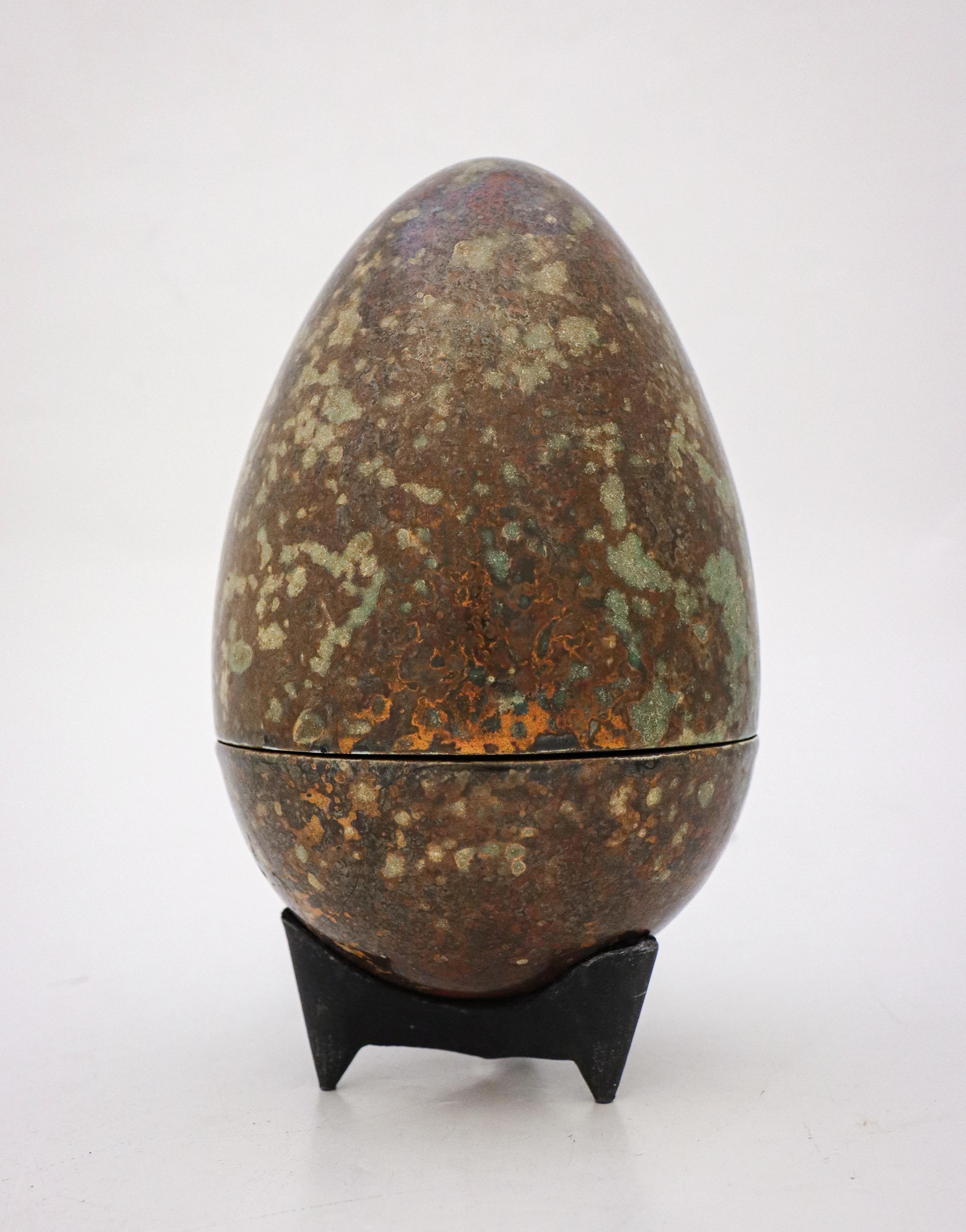 Glazed Sculpture Brown & Green Speckled Egg in Ceramics by Hans Hedberg, Biot, France