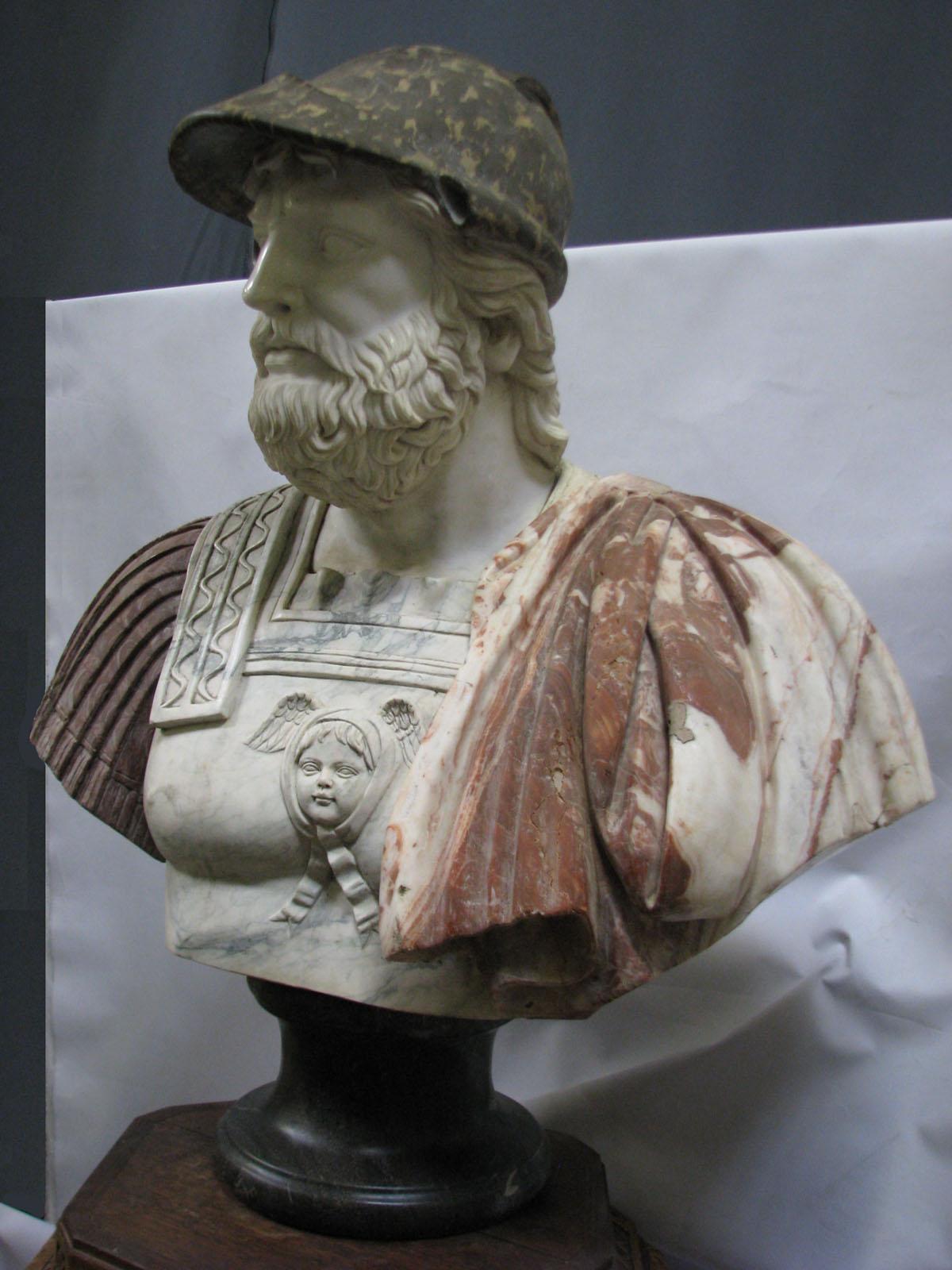 Impressive dimensions, prestigious and representative sculpture,
depicting the bust of an ancient leader in a parade helmet,
made in so-called natural dimensions, in 5 types (colors) of marble.
 
Marble busts of this size were extremely rare in