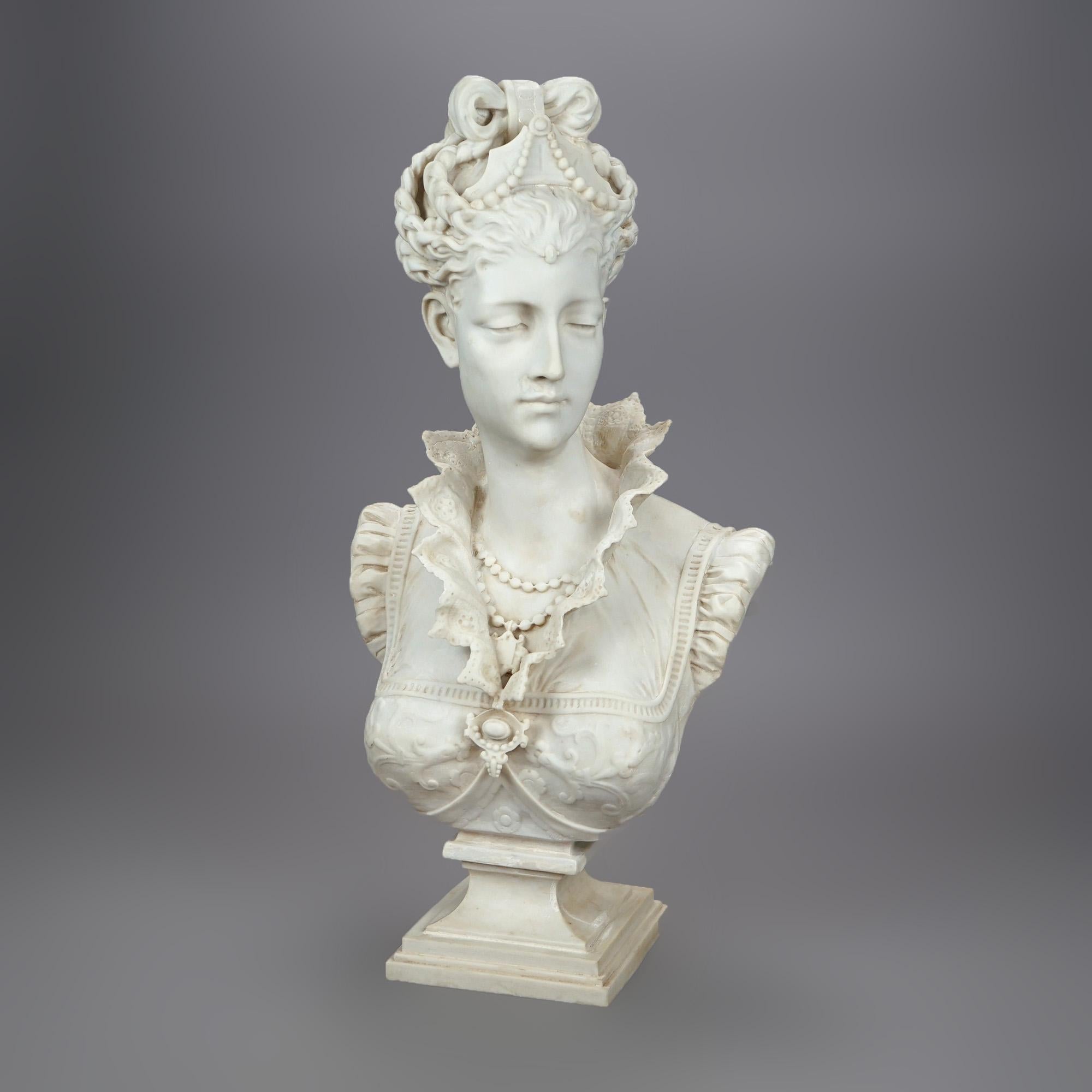 A Neoclassical portrait bust of a woman in molded composition resin, 