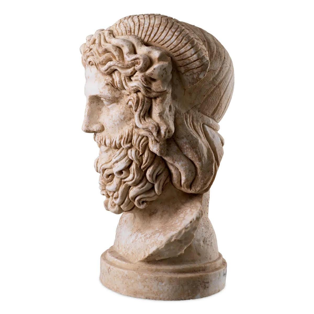 Modern Sculpture, Bust of Zeus in Patinated Marble, Statue in the Style of Ancient Rome For Sale