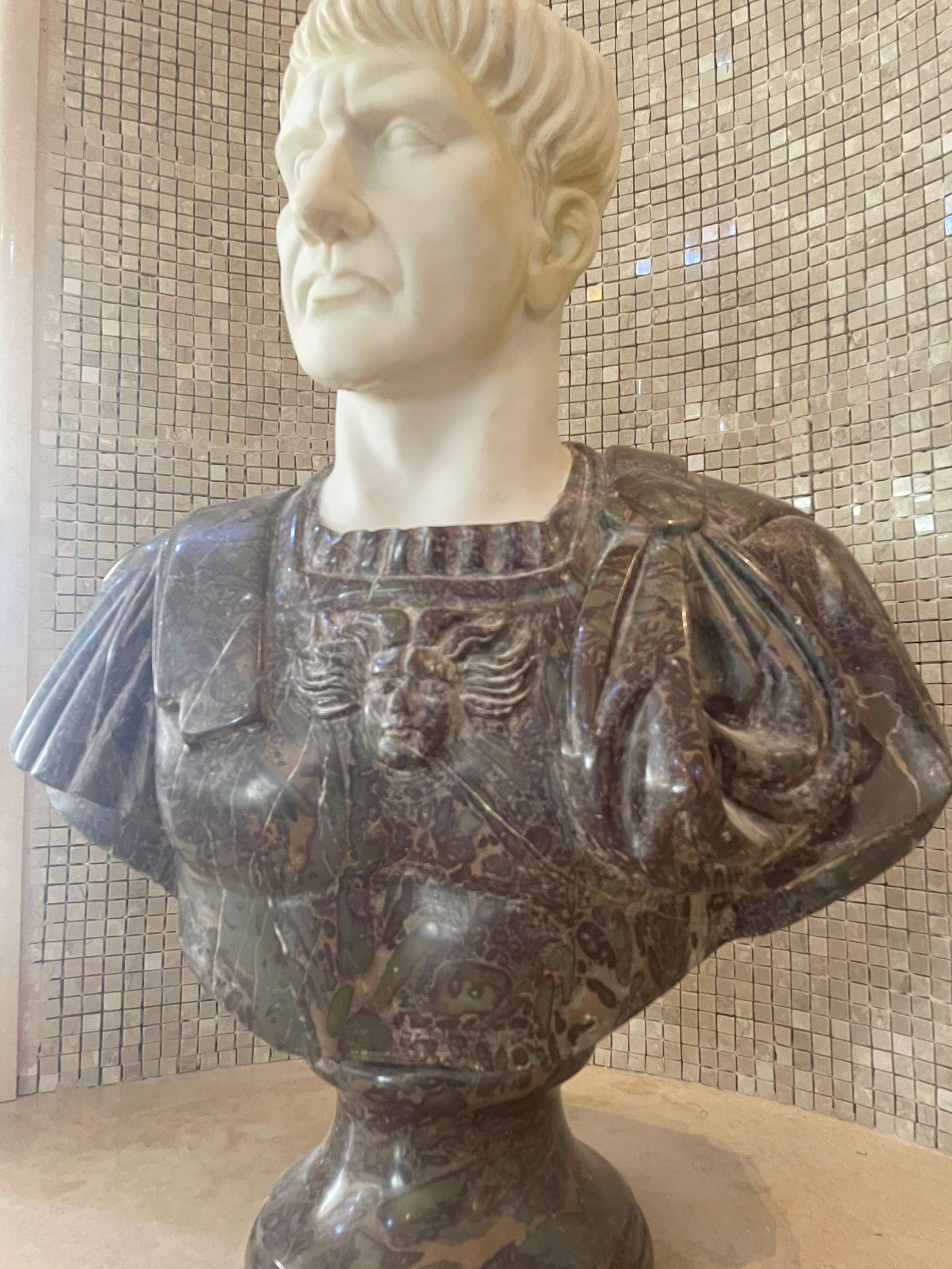 Sculpture Bust Roman Emperor White and Red Marble For Sale 4