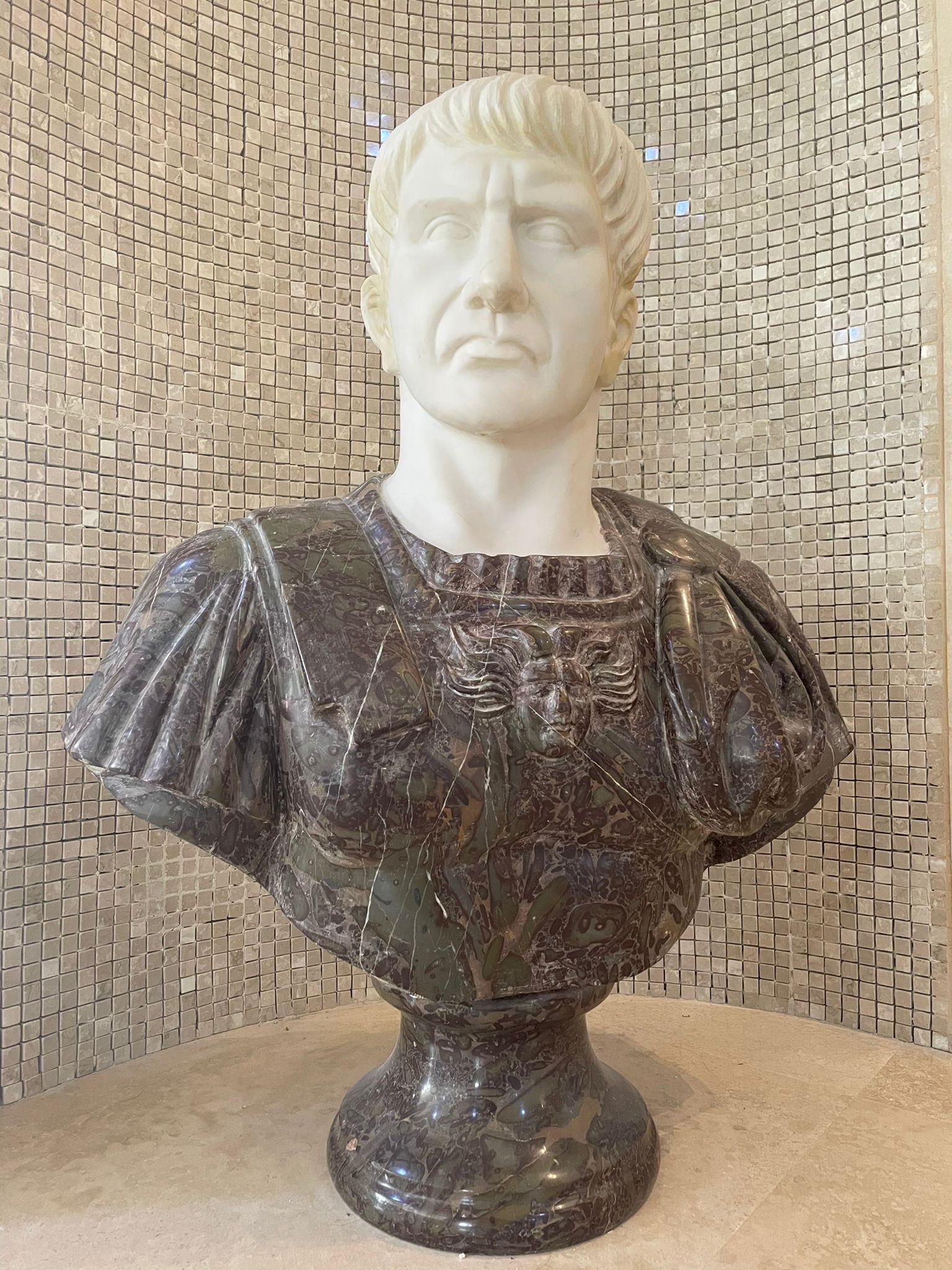 The sculpture realized by a Roman sculptor as from the Roman academy tradition, is carved with two marbles.
Gaius Iulius Caesare formally known as Cesare was a Roman general and statesman who played a critical role in the events that led to the