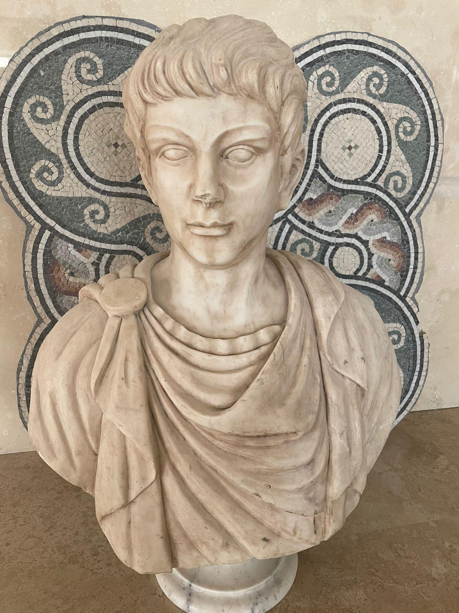 La sculpture réalisée par un sculpteur romain selon la tradition de l'académie romaine, est taillée dans du marbre blanc.
La sculpture représente le visage d'un jeune Jules César. Jules César, plus connu sous le nom de César, était un général et un