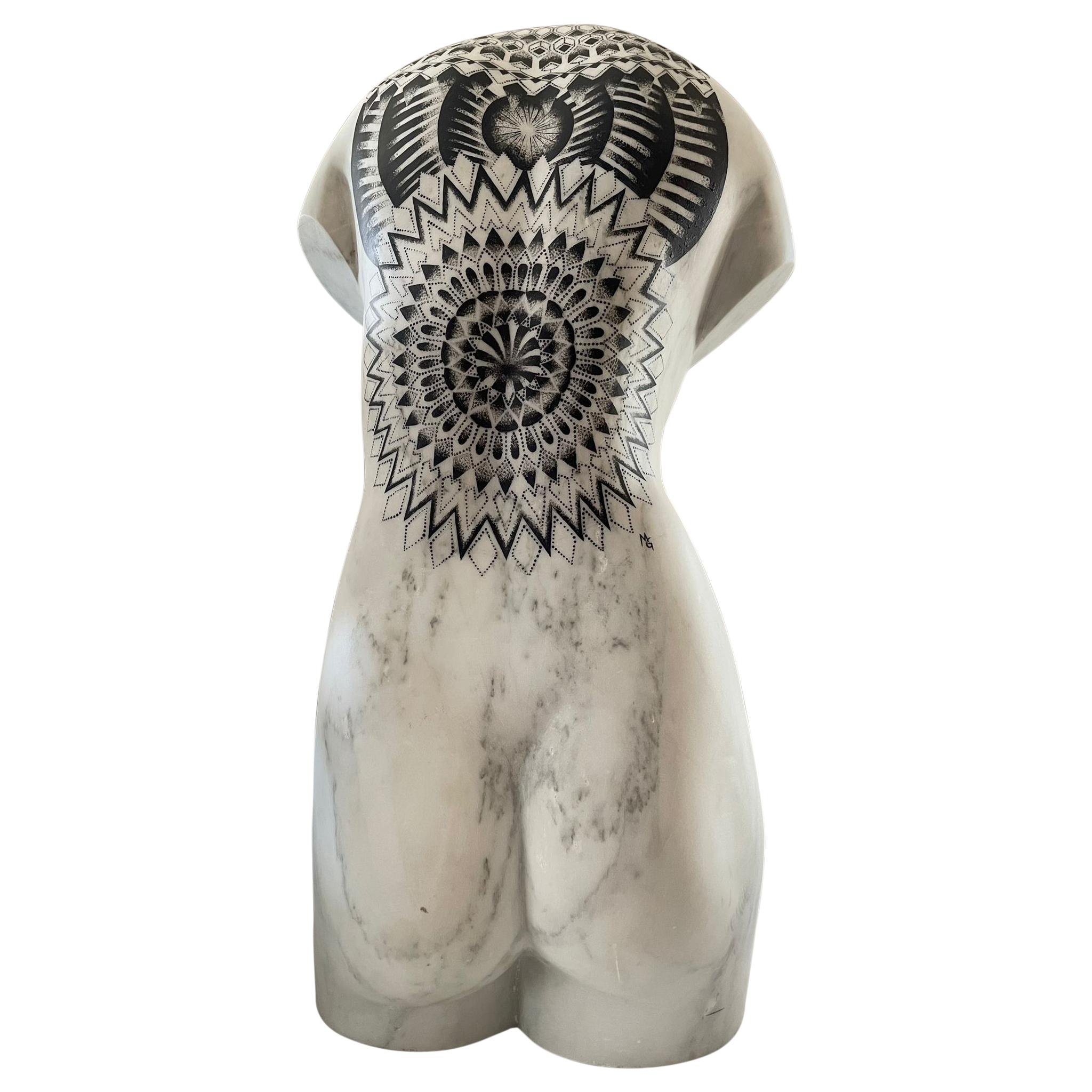 Sculpture Bust Woman with Tattoo in Statuario Carrara Marble