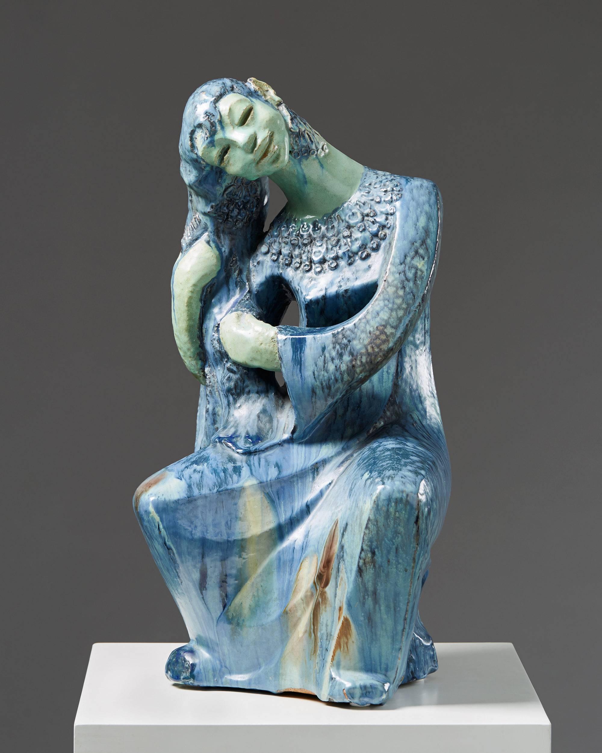 Mid-Century Modern Sculpture de figure féminine par Hassan Heshmat Egypt 1960s Blue Teal Stoneware en vente