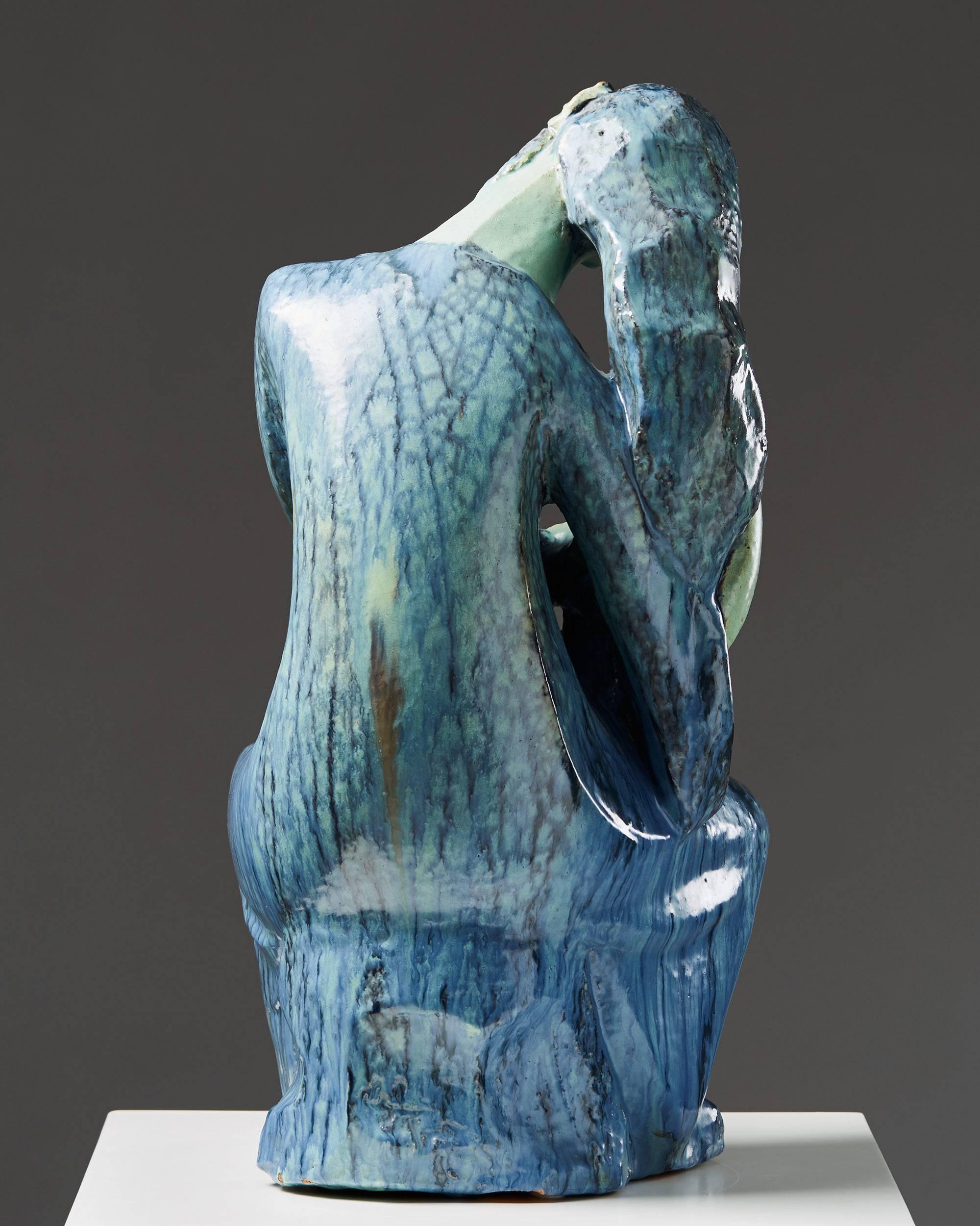 Sculpture de figure féminine par Hassan Heshmat Egypt 1960s Blue Teal Stoneware Bon état - En vente à Stockholm, SE