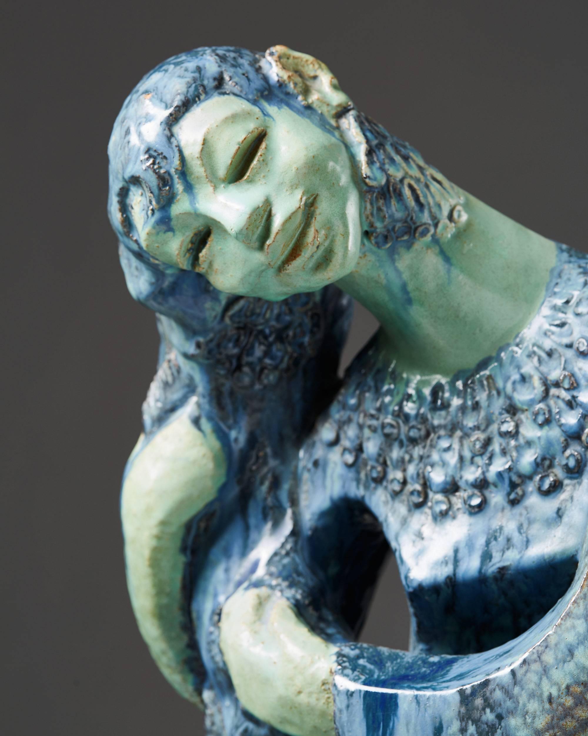 Mid-20th Century Female Figurine Sculpture by Hassan Heshmat Egypt 1960s Blue Teal Stoneware For Sale