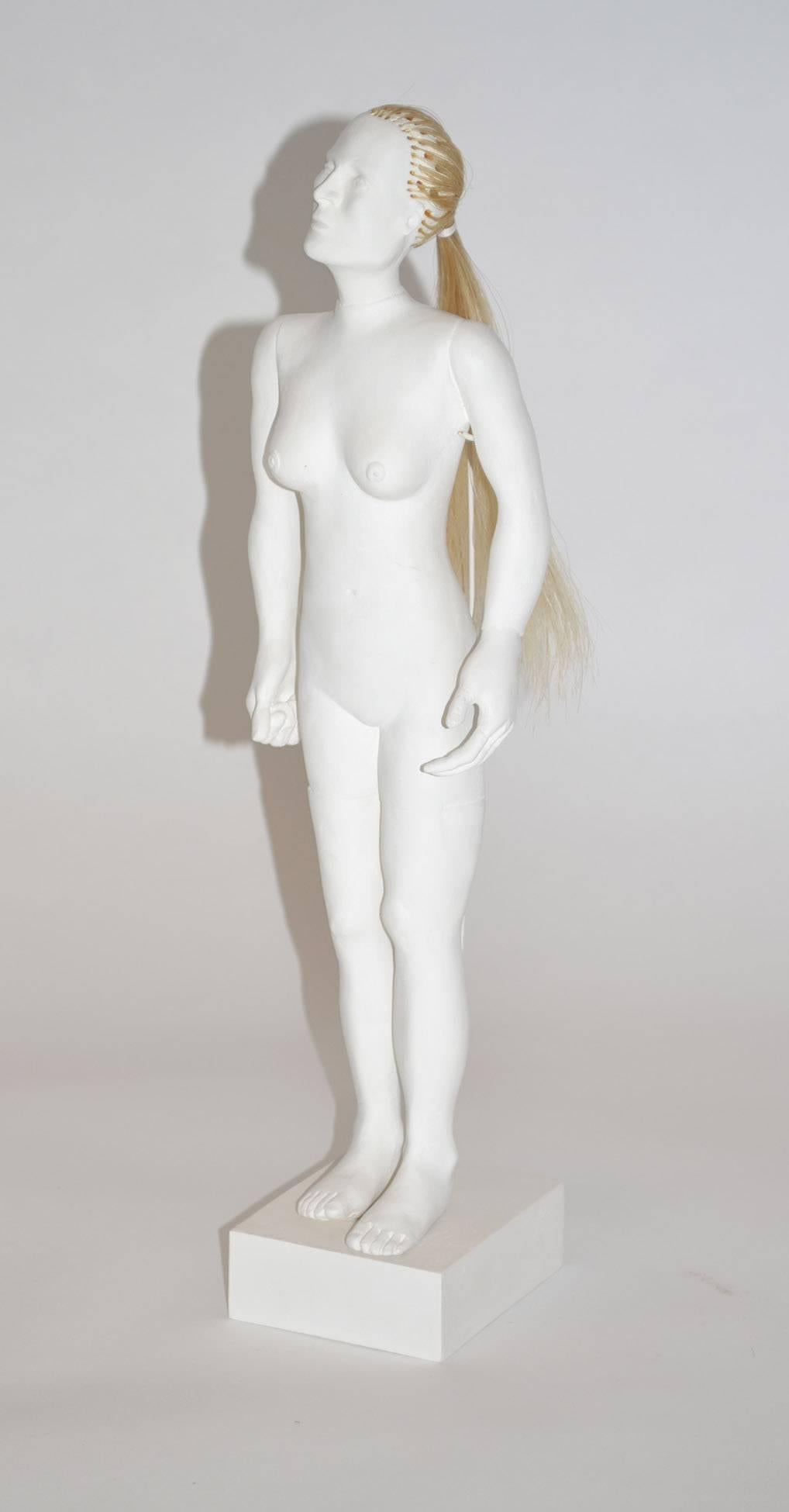Sculpture by Judith Shea human female form mixed-media, 2002. Judith Shea (born 1948) empty form human form sculpture - The Doll. Mixed-media with applied hair. Good condition with custom stand. White color plaster with original finish. De