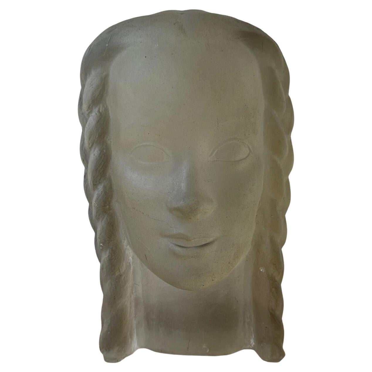 Escultura de Lucien Lafaye, rostro femenino en vidrio moldeado, hacia 1950