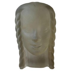 Sculpture de Lucien Lafaye, visage féminin en verre moulé, circa 1950