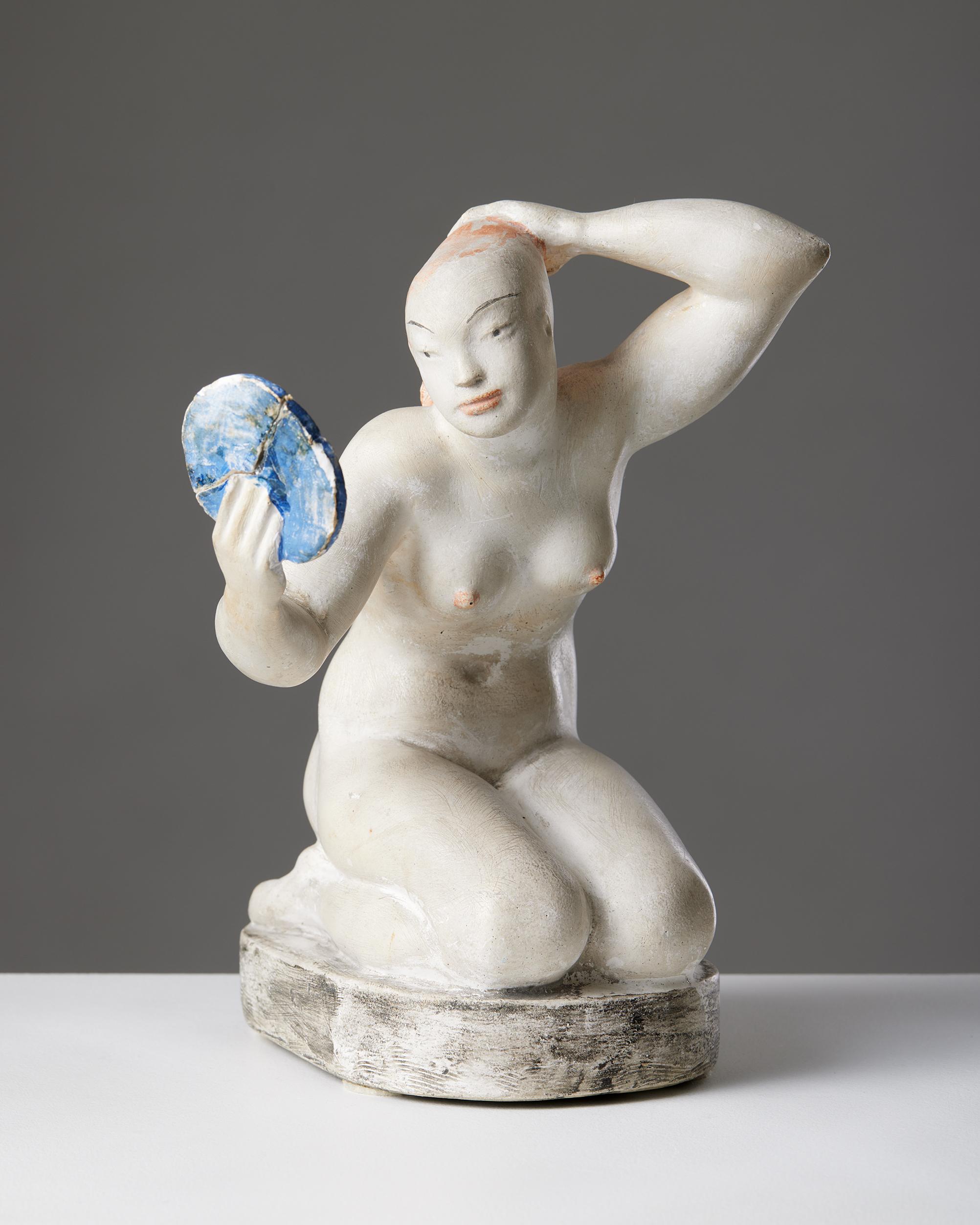Mid-Century Modern Sculpture by Nils Fougstedt, Sweden, 1941, Woman holding a mirror, Plaster For Sale
