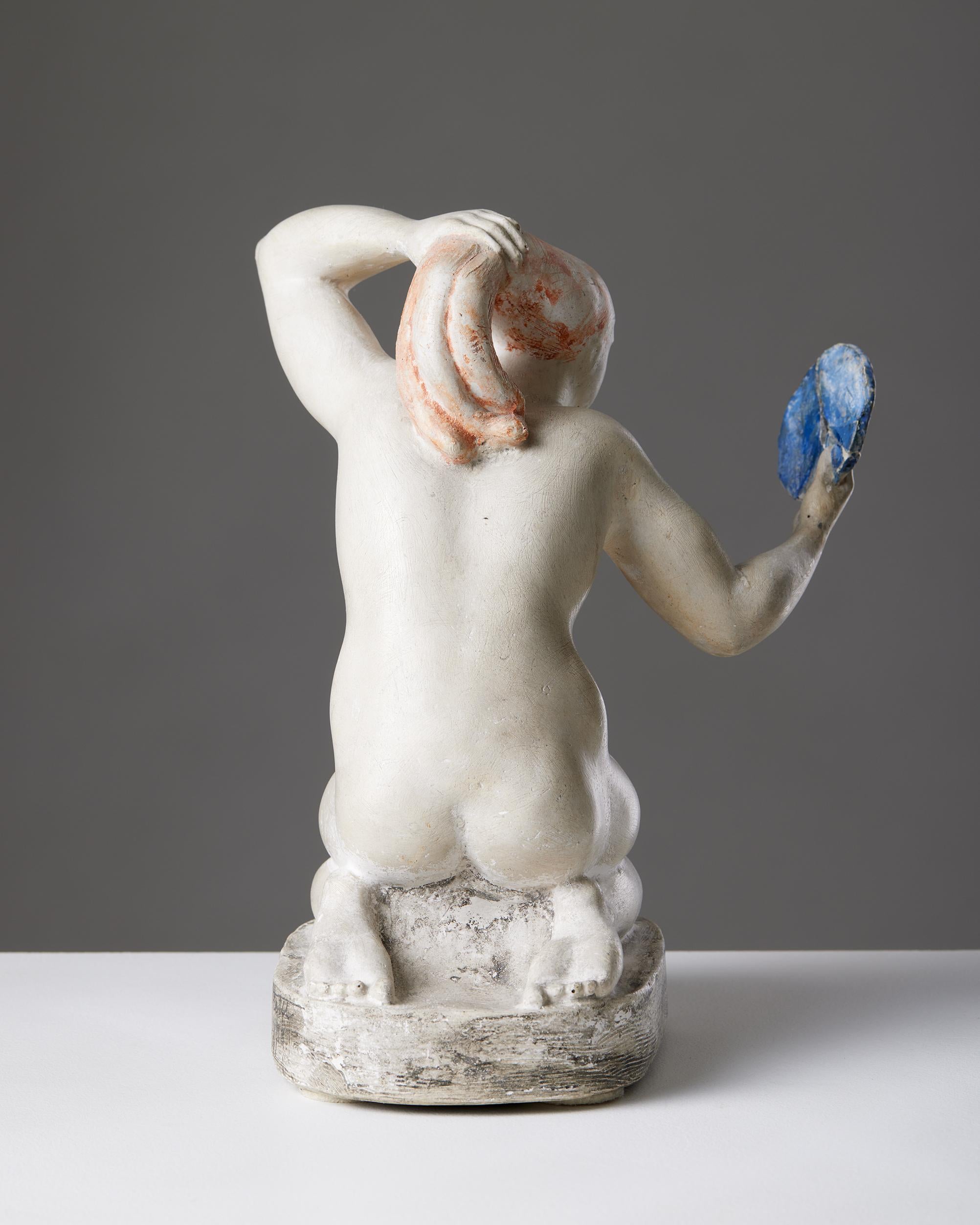 Mid-Century Modern Sculpture by Nils Fougstedt, Sweden, 1941, Woman holding a mirror, Plaster For Sale