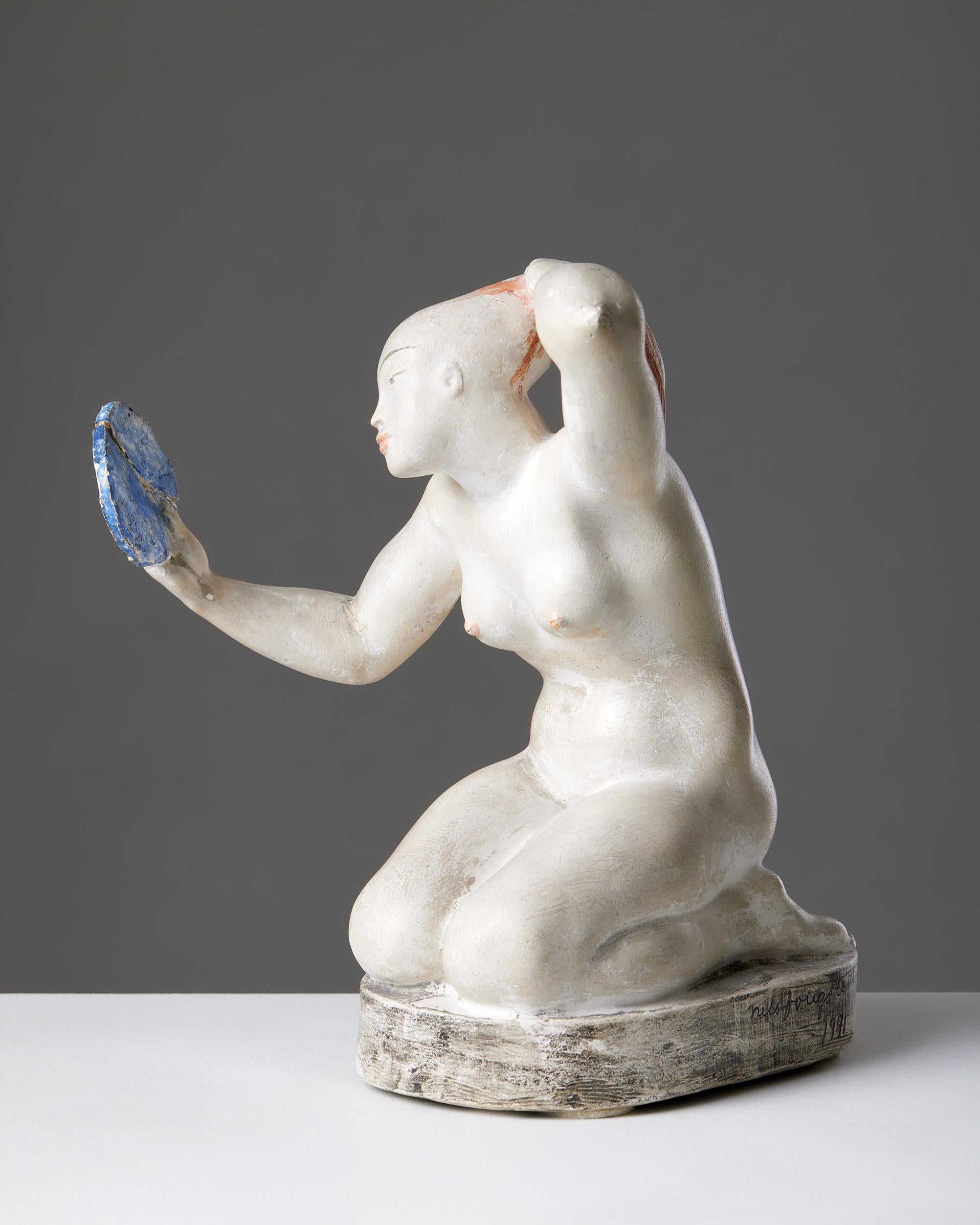 Swedish Sculpture by Nils Fougstedt, Sweden, 1941, Woman holding a mirror, Plaster For Sale