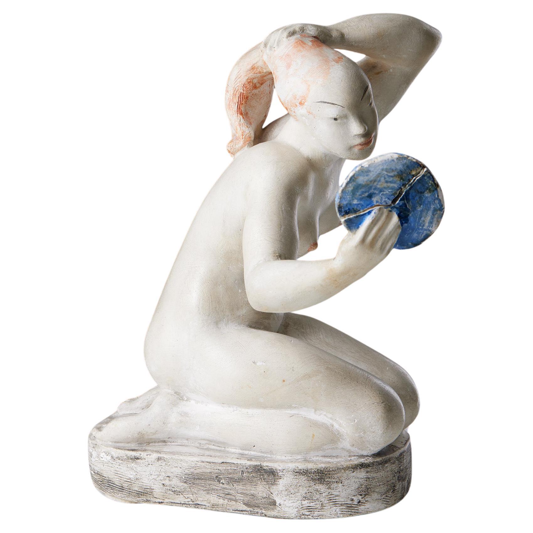 Sculpture by Nils Fougstedt, Sweden, 1941, Woman holding a mirror, Plaster