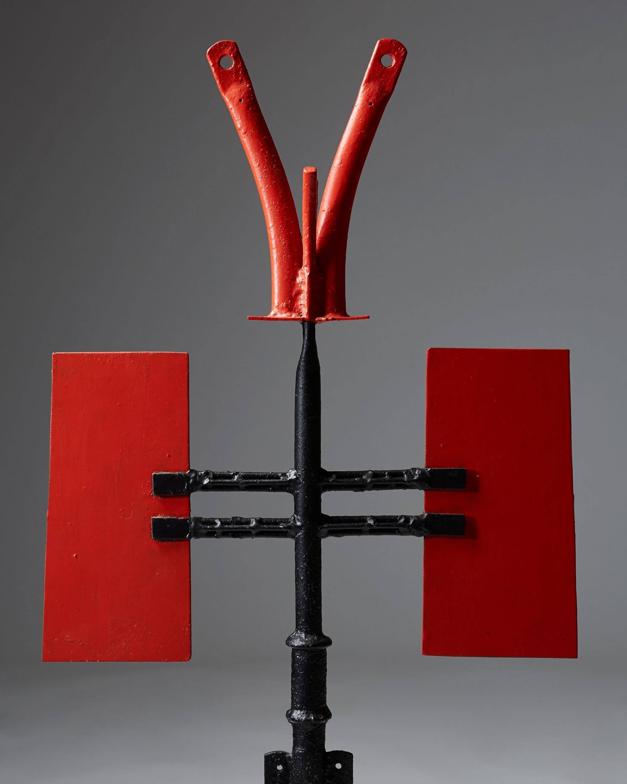 Danish Sculpture by Torsten Johansson, Lacquered Steel and Wooden Base, Denmark, 1980s For Sale