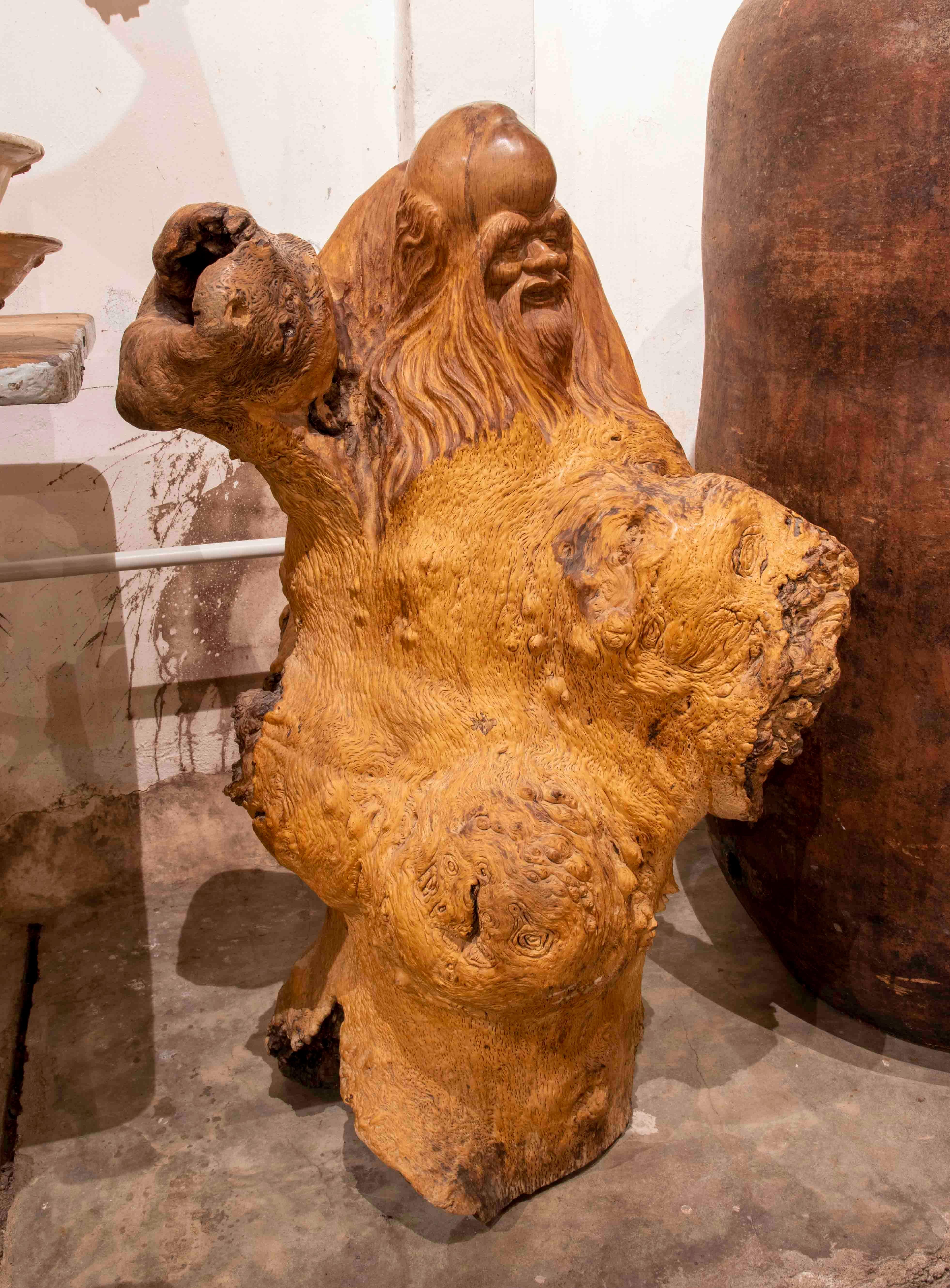 Asian Sculpture Carved in Monk's Wood Root Taking Advantage of the Shape of the Trunk For Sale