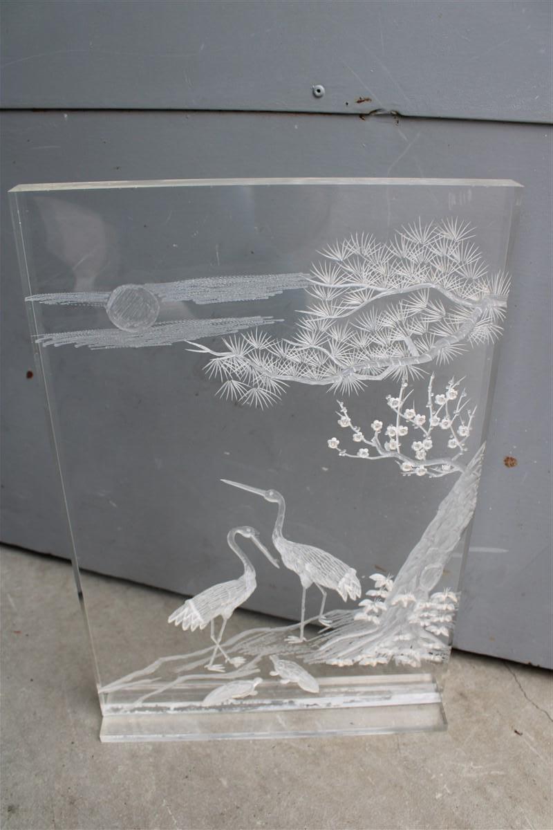 Sculpture Carved on Plexiglass with Engraving Italian Design 1970 Herons and Tre For Sale 6