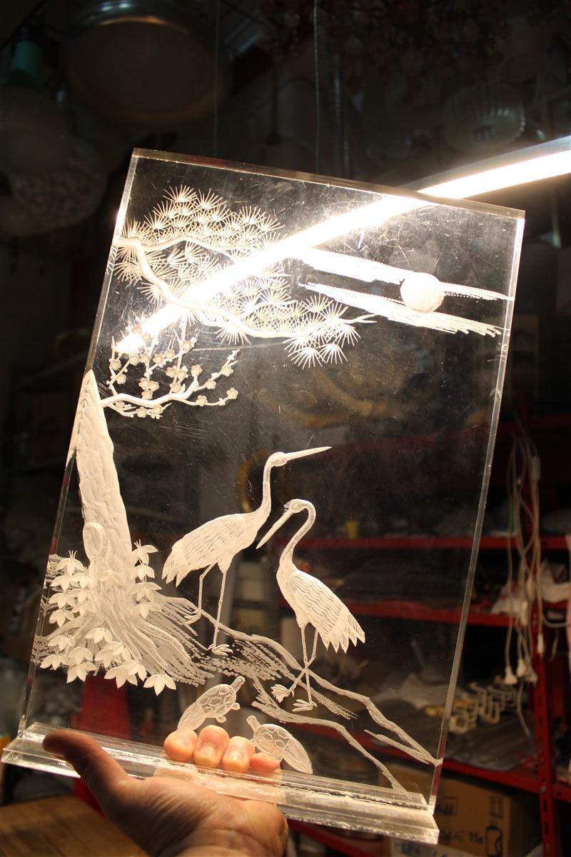 Sculpture Carved on Plexiglass with Engraving Italian Design 1970 Herons and Tre For Sale 7