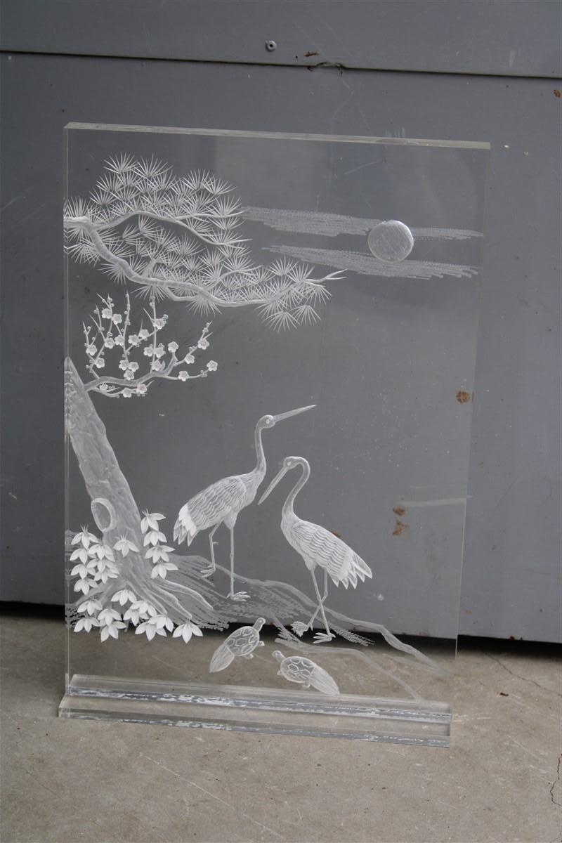 Sculpture carved on plexiglass with engraving Italian design 1970 Herons and trees.