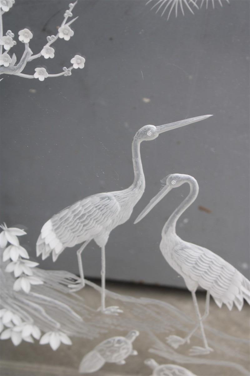 Mid-Century Modern Sculpture Carved on Plexiglass with Engraving Italian Design 1970 Herons and Tre For Sale
