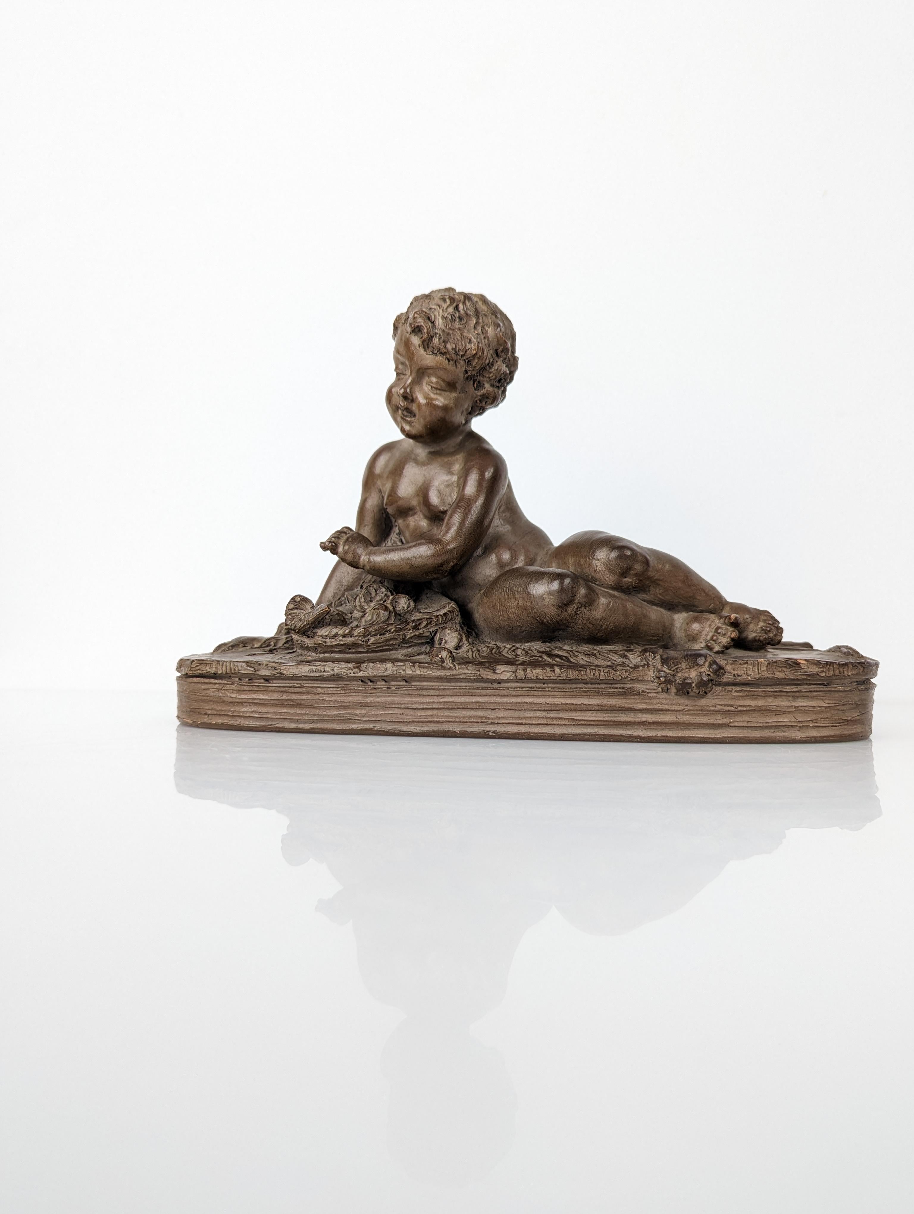 Sculpture Child Hercules on Lion Skin by Renè Rod in Terracotta For Sale 8