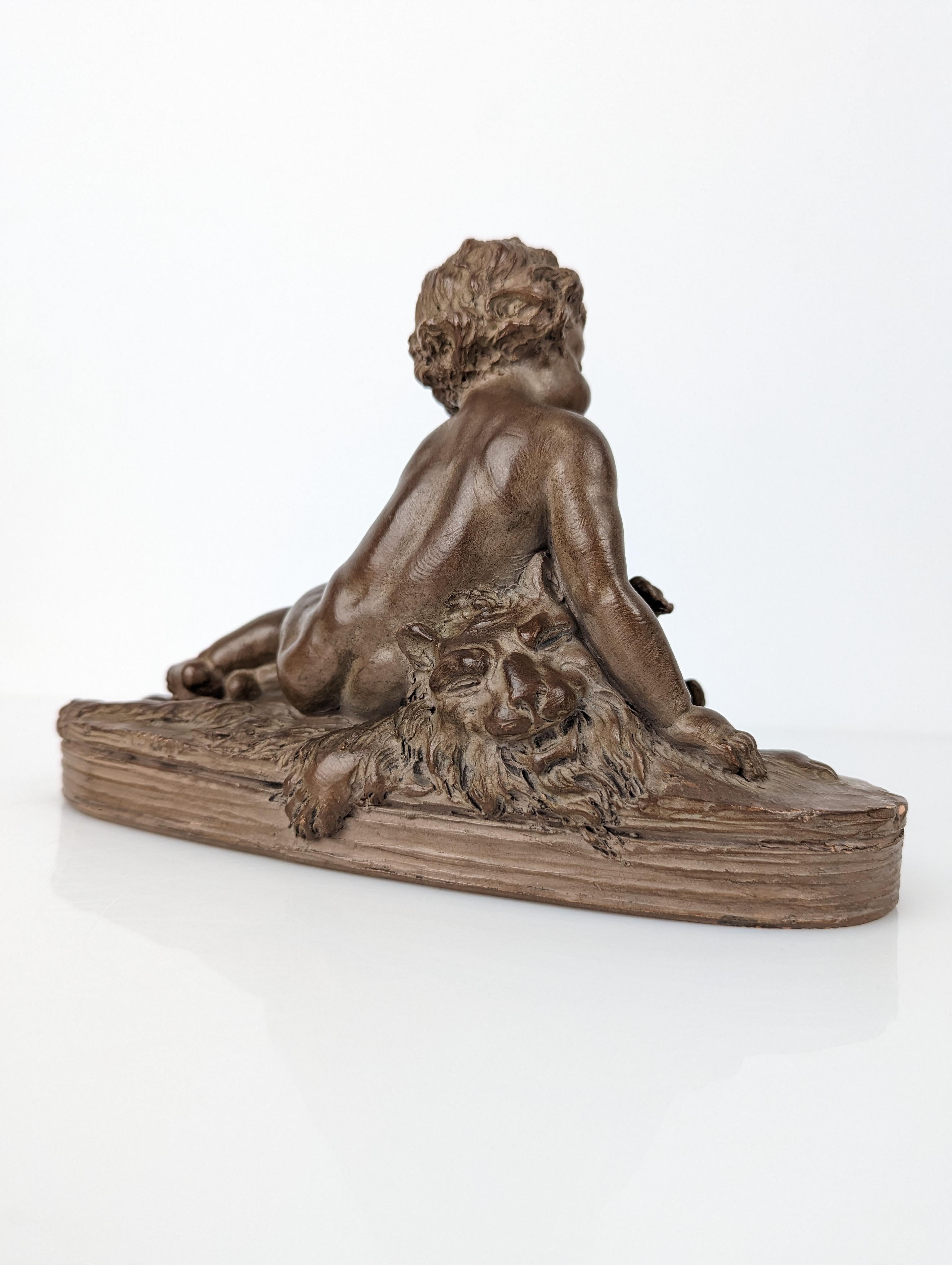 Sculpture Child Hercules on Lion Skin by Renè Rod in Terracotta For Sale 9