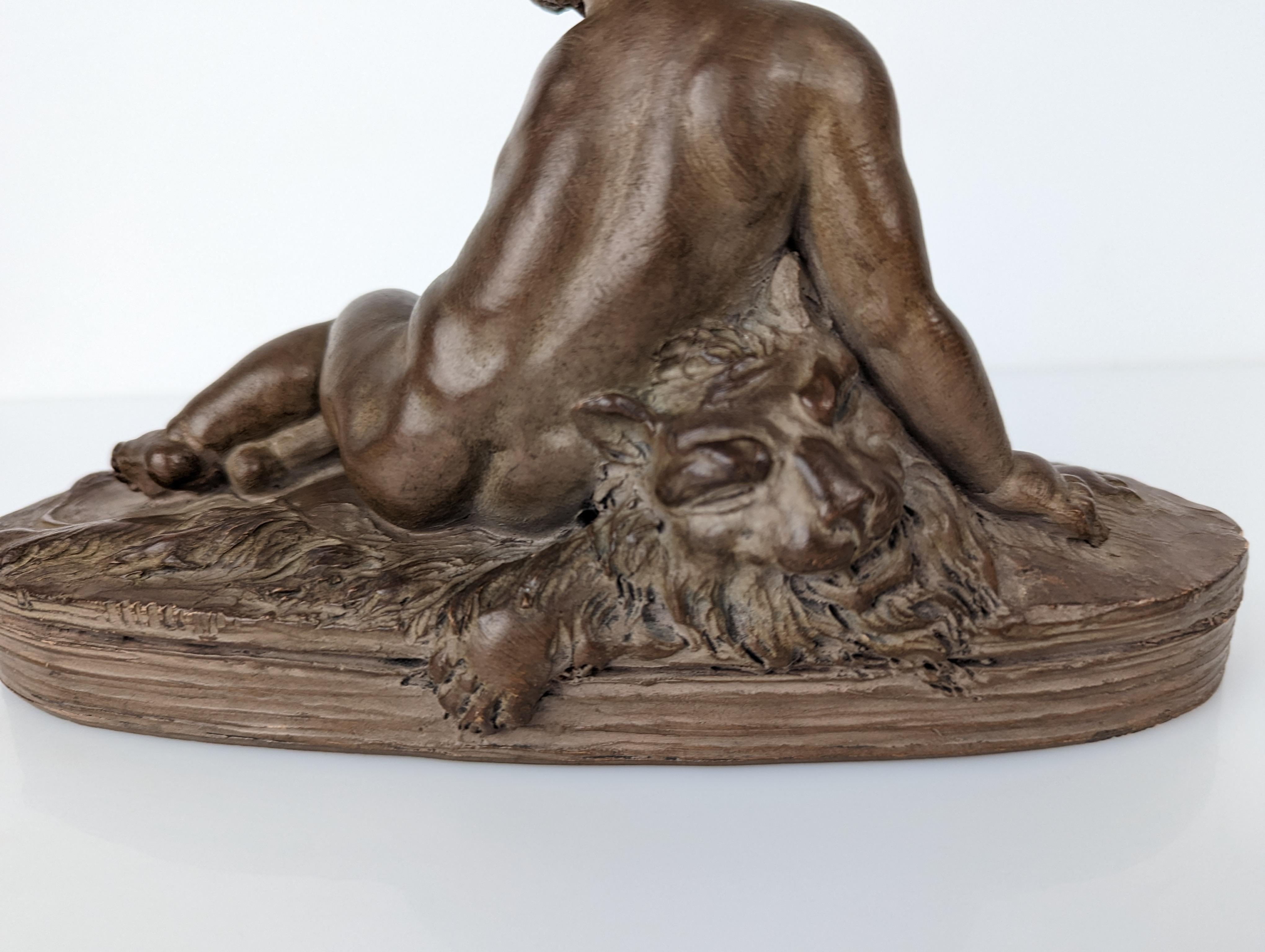 Sculpture Child Hercules on Lion Skin by Renè Rod in Terracotta In Good Condition For Sale In Benalmadena, ES