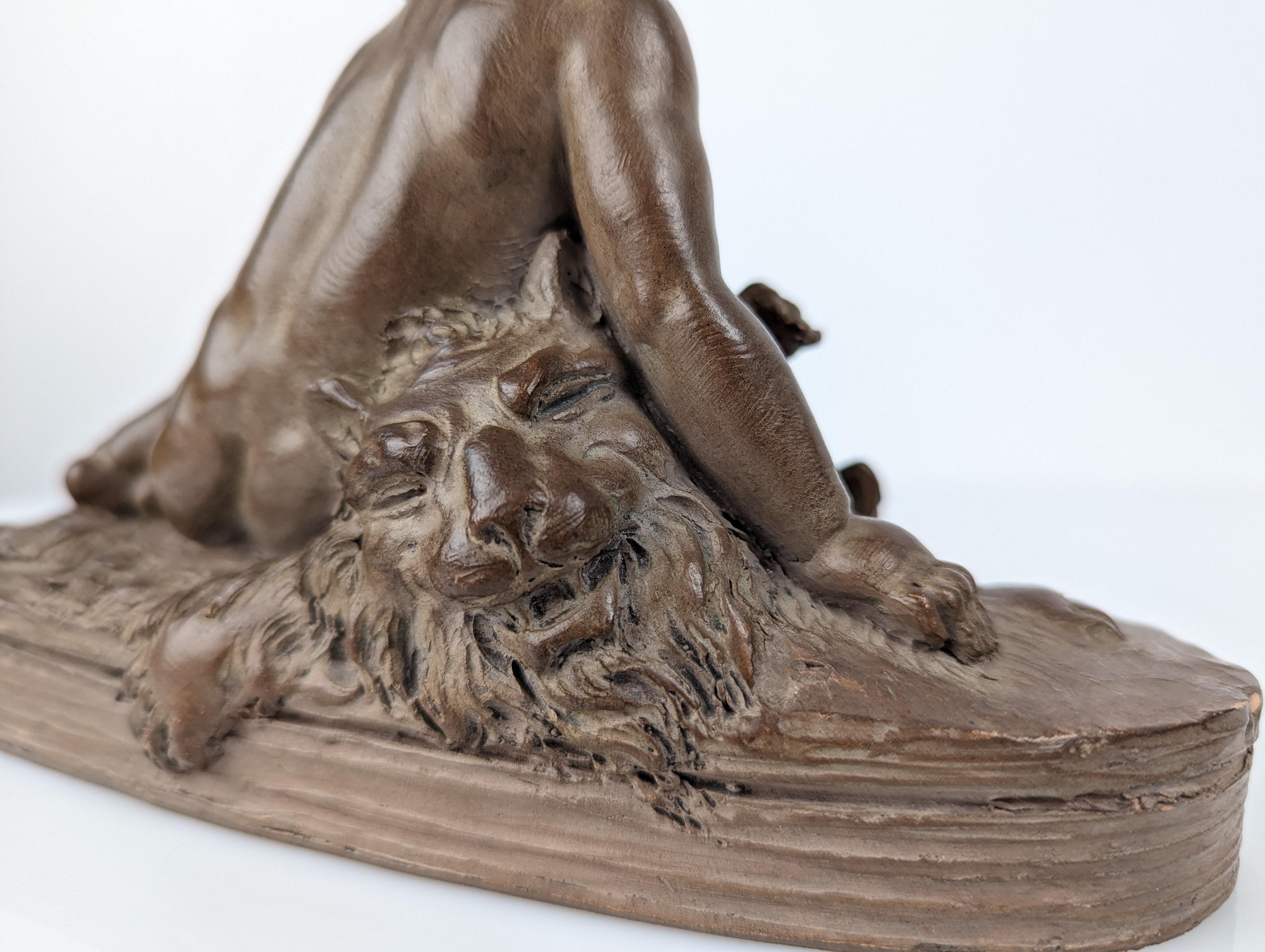 18th Century Sculpture Child Hercules on Lion Skin by Renè Rod in Terracotta For Sale