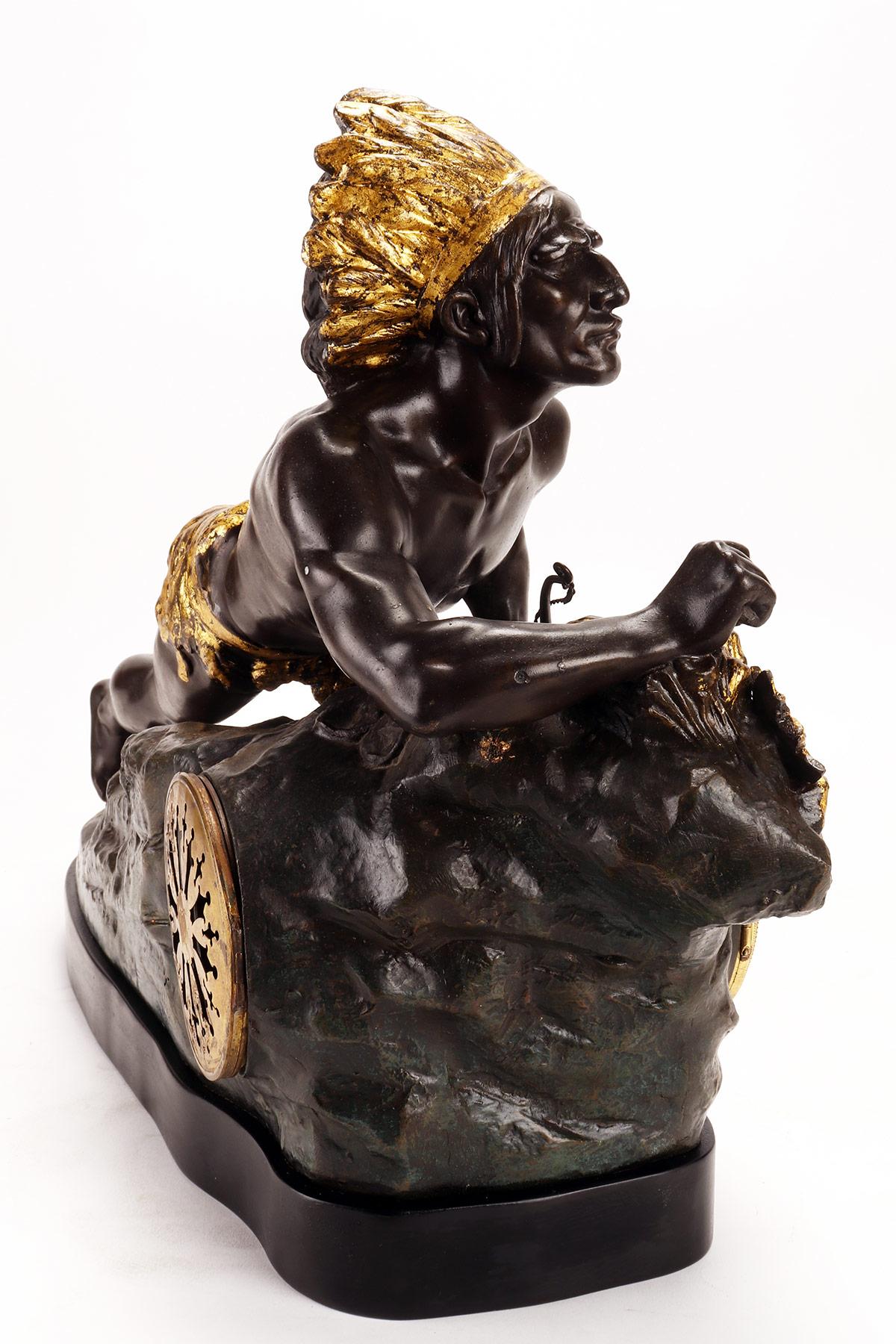 Sculpture clock depicting a native American, France 1890. For Sale 5
