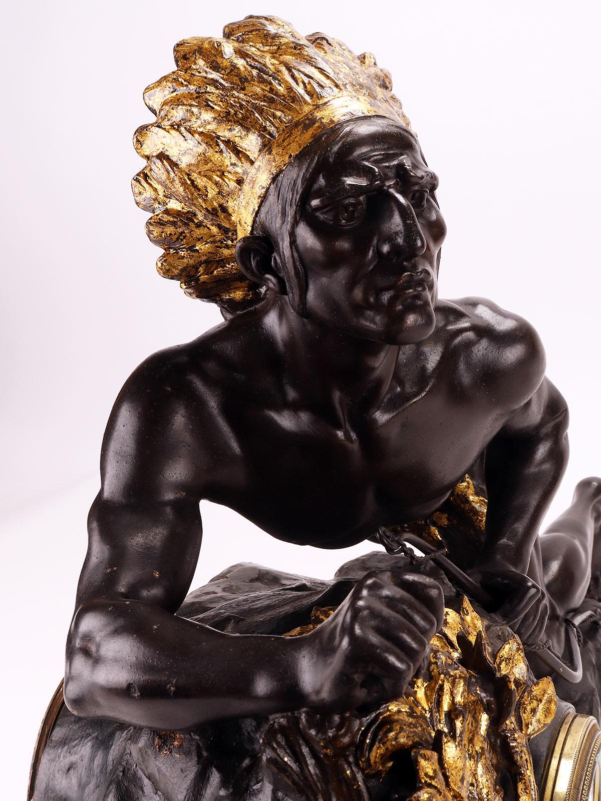Sculpture clock depicting a native American, France 1890. For Sale 7