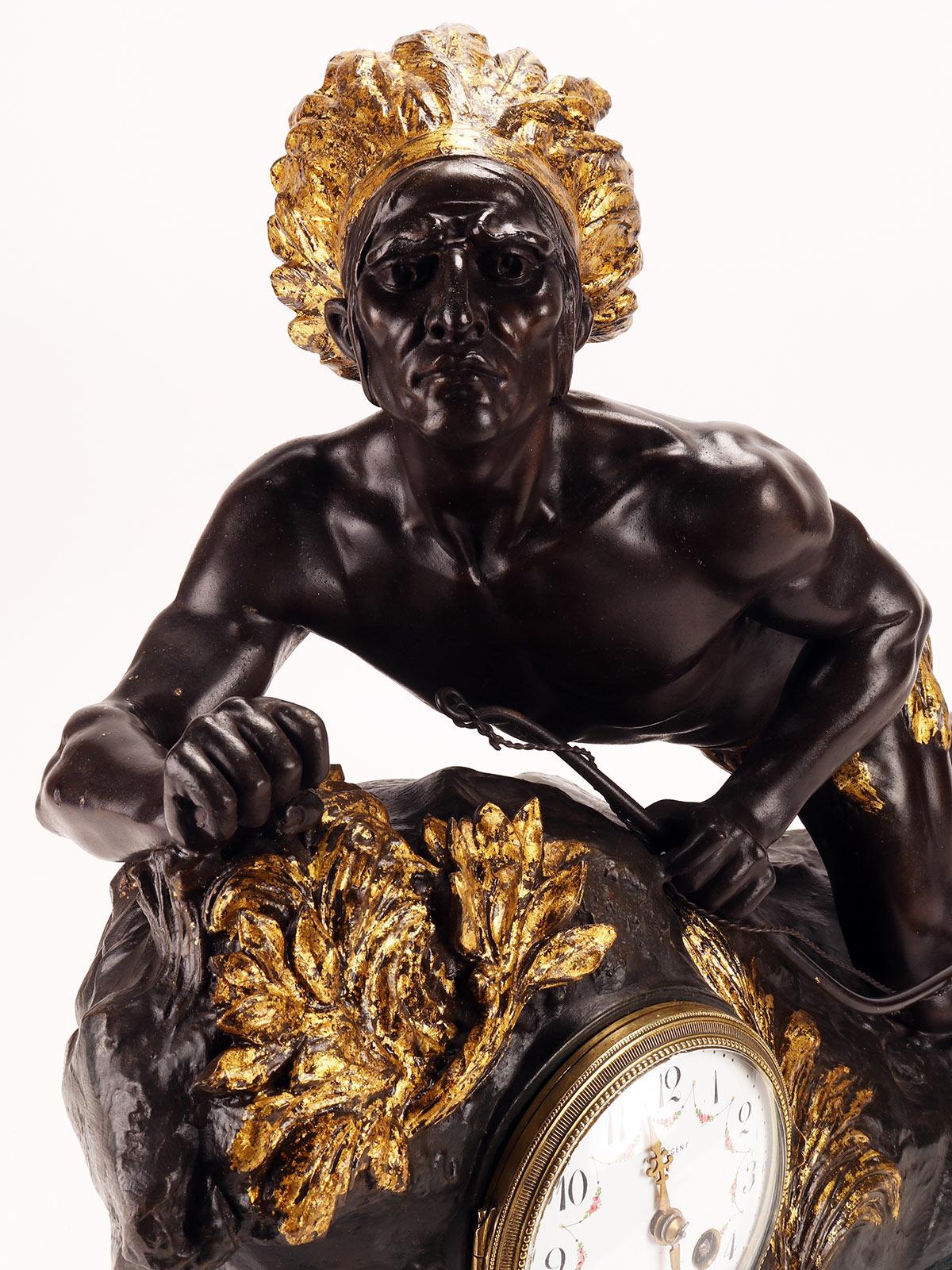 Sculpture clock depicting a native American, France 1890. For Sale 8
