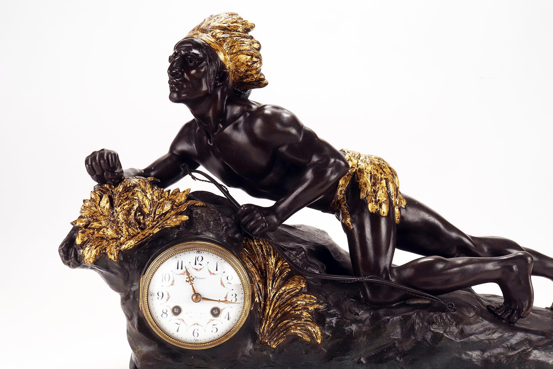French Sculpture clock depicting a native American, France 1890. For Sale