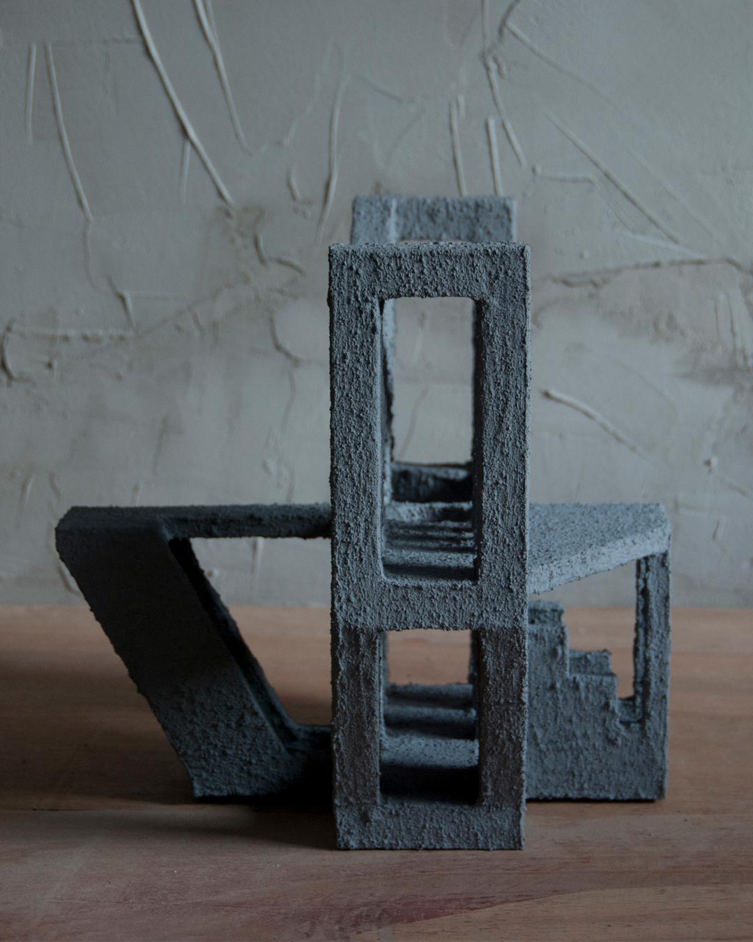 Hand-Crafted Sculpture Contemporary Geometric Constructivist Wood Concrete Grey- The Harem For Sale