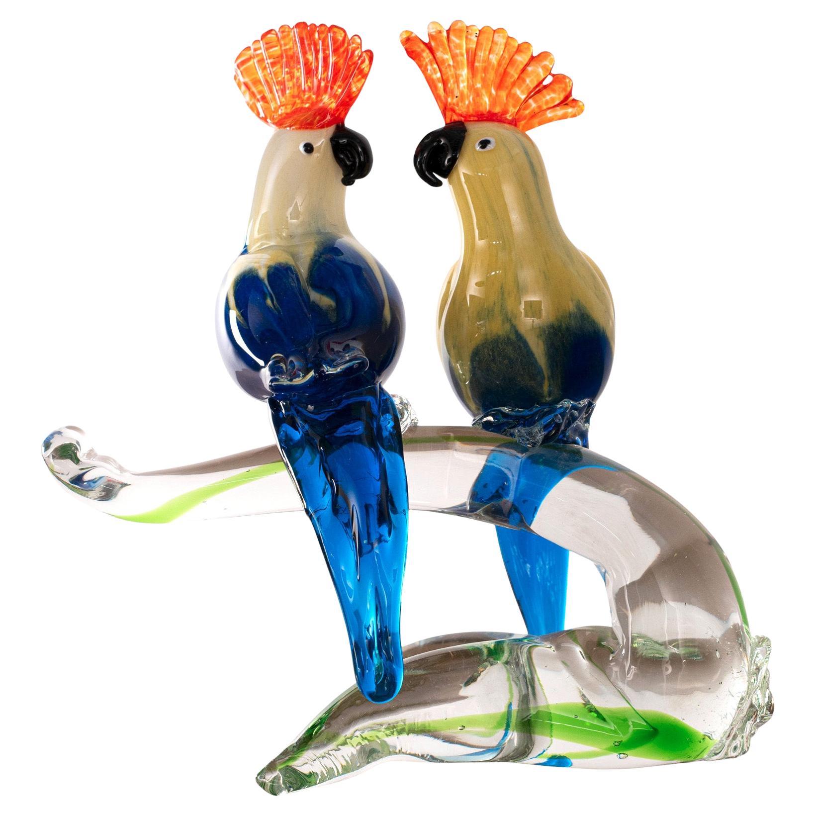 Scultura coppia di pappagalli in vetro di Murano multicolore vintage di Formia Italia