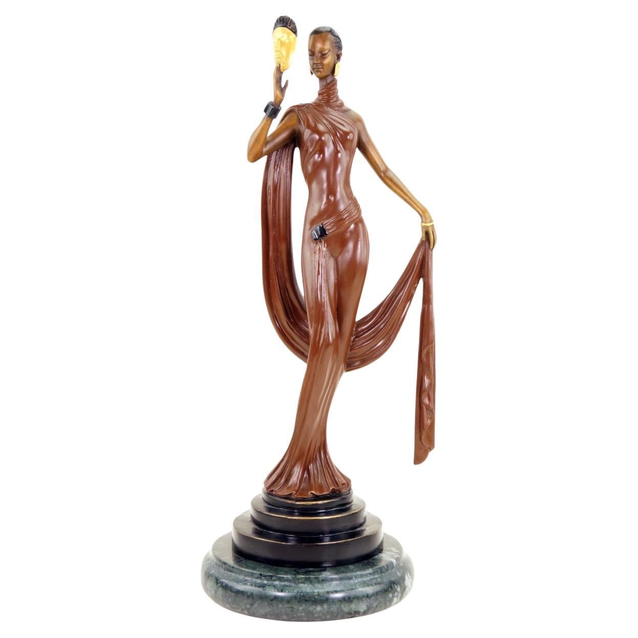 Sculpture Dancer with Mask in Bronze, Art Deco Style, 20th Century For Sale
