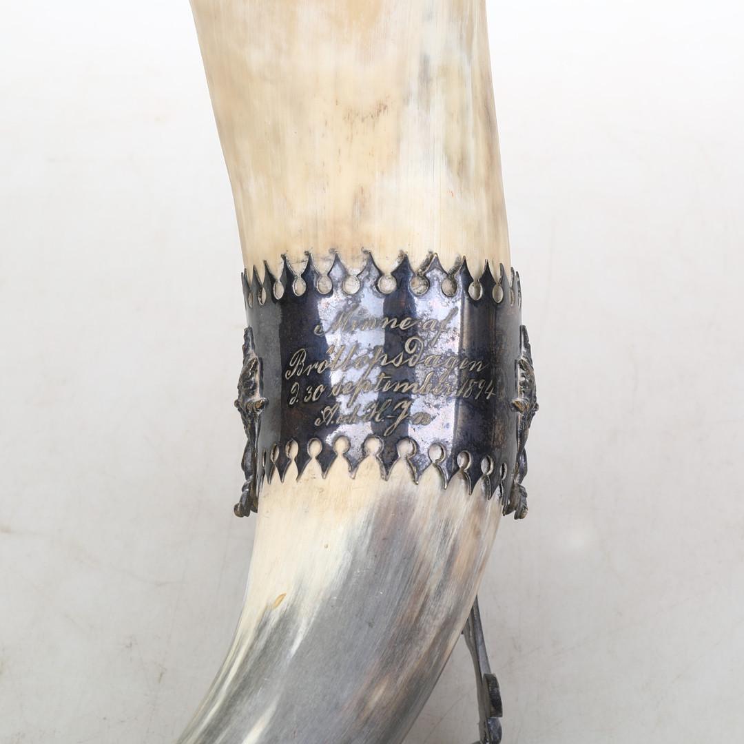Hollywood Regency Sculpture Decorative BEVERAGE HORN, Rare Bone & Silver 1894 Wine Drinking Glass