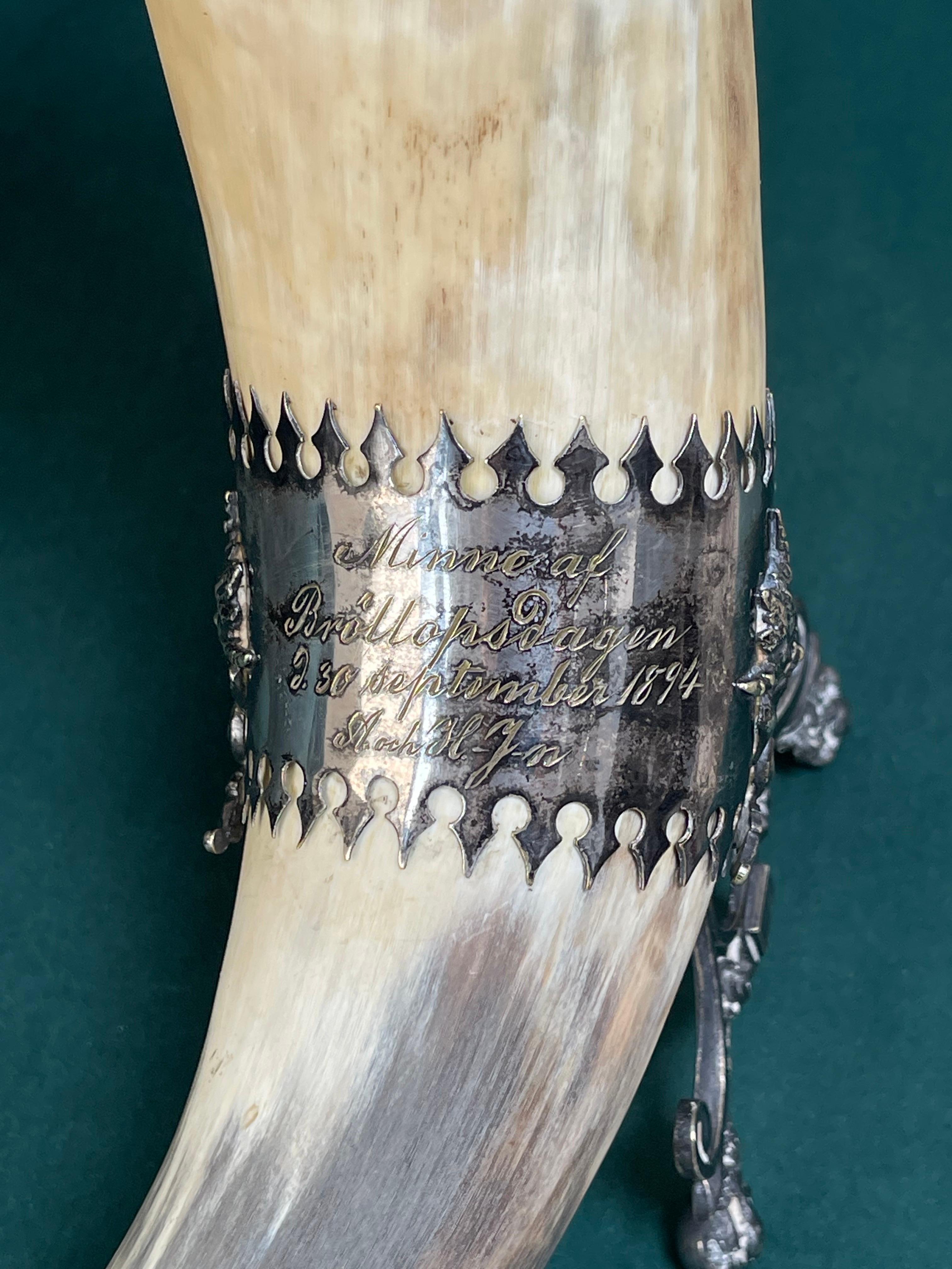 Georgian Sculpture Decorative BEVERAGE HORN, Rare Bone & Silver 1894 Wine Drinking Glass